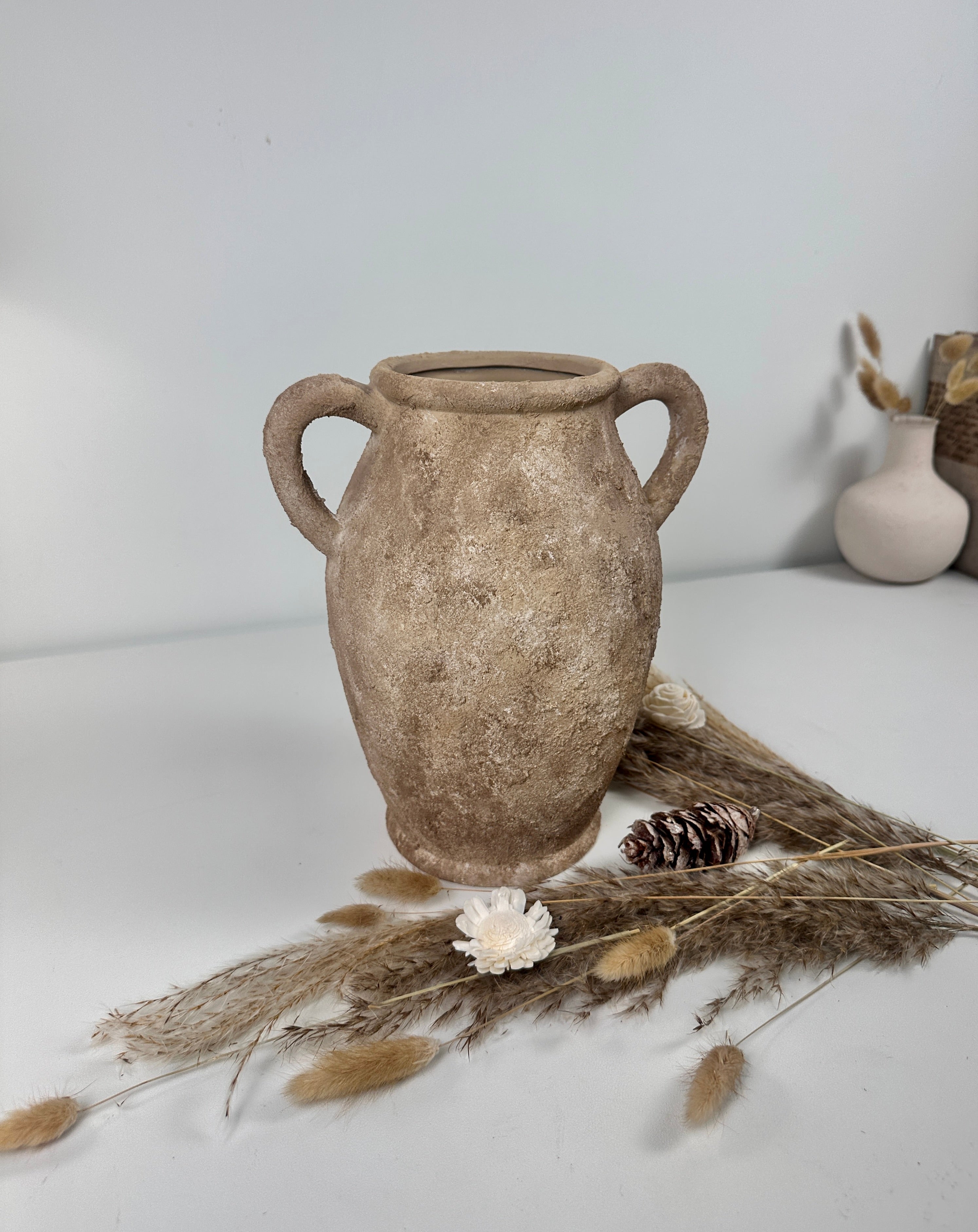 Rustic Hand-Painted Textured Amphora Vase 10" tall - Earth Brown