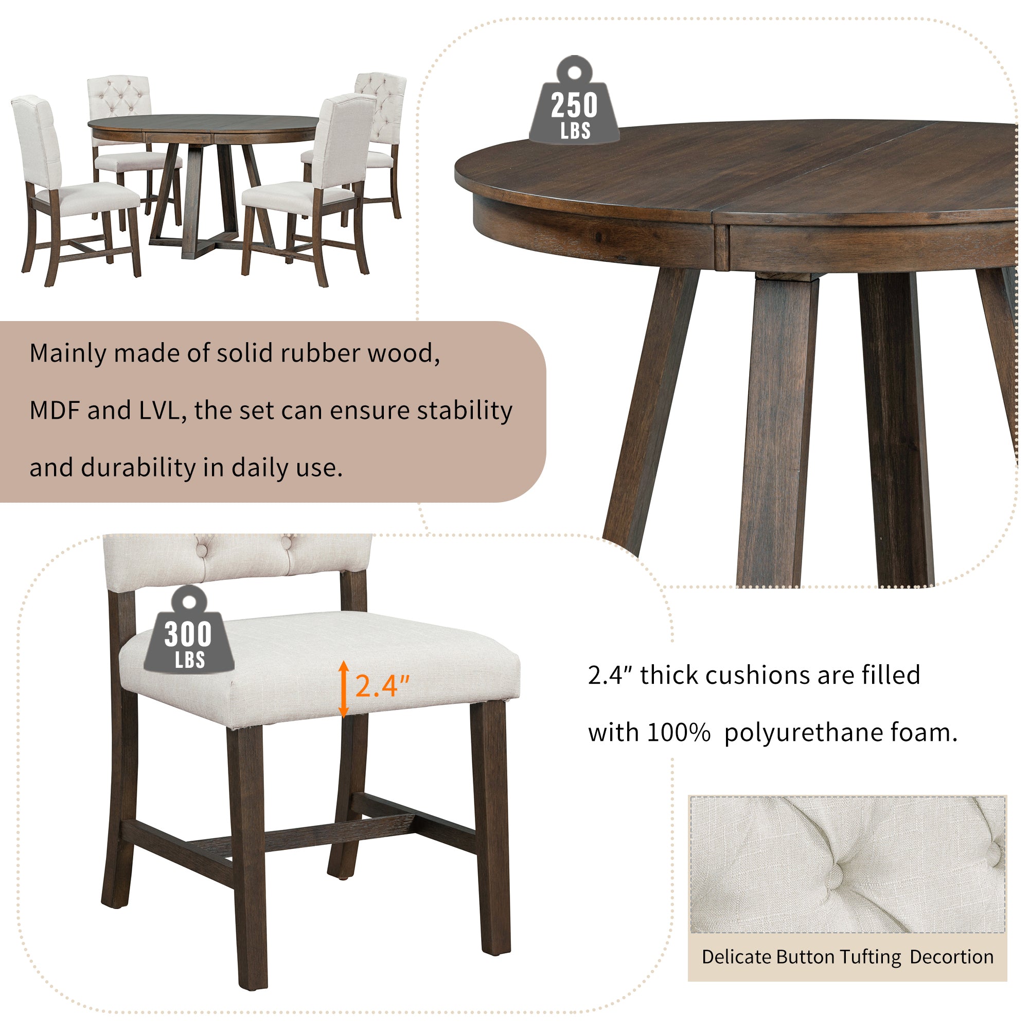 5-Piece Retro Functional Dining Set, Round Table with a 16"W Leaf and 4 Upholstered Chairs - Walnut