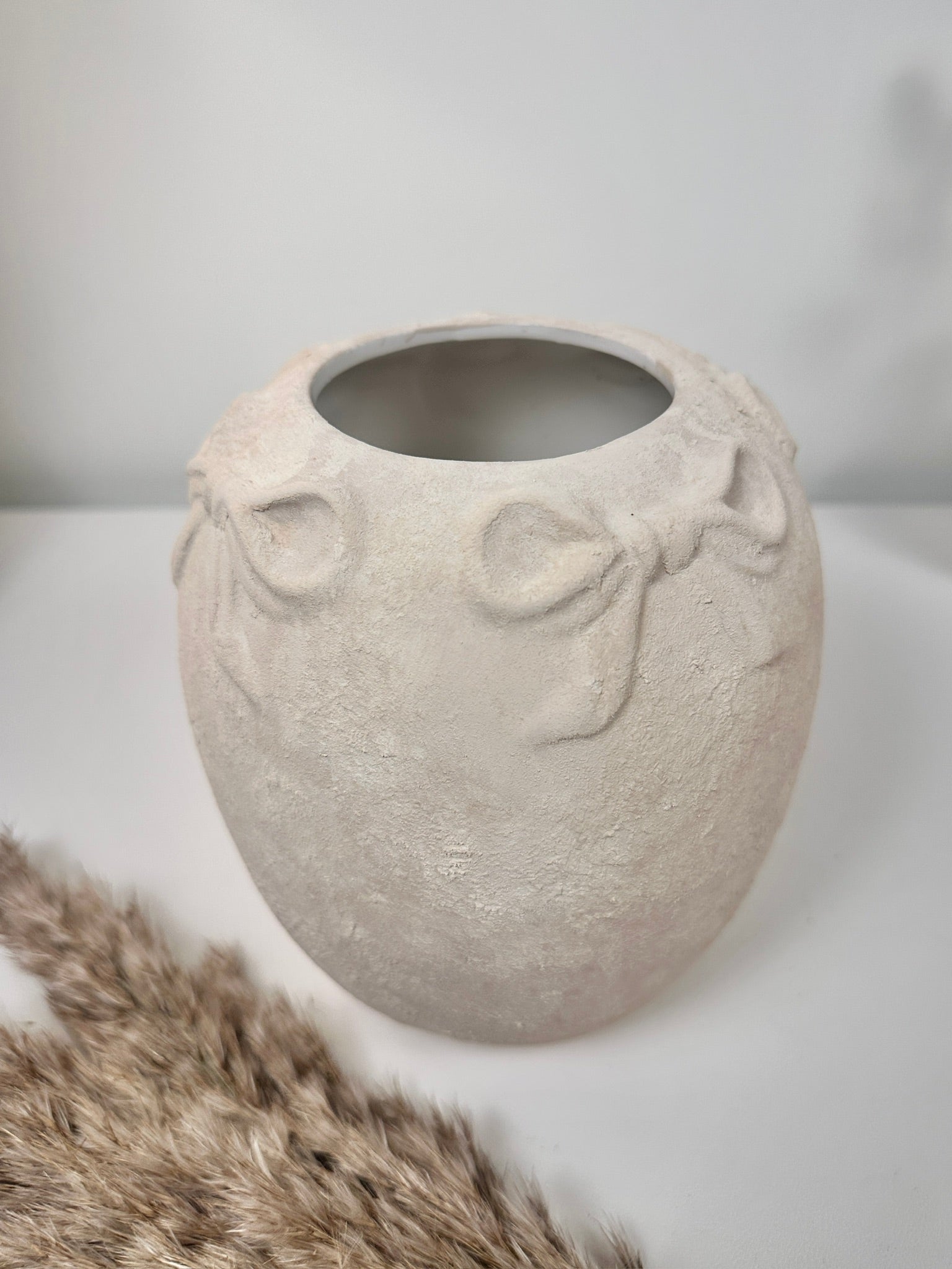 Minimalist Style Ceramic Vase with Bow 7", Painted and Textured by Hand - Cream Sand Washed