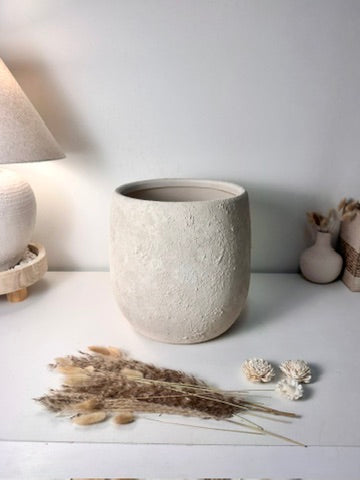 Minimalist Hand-Painted & Textured Planter Pot 12.5" tall with drainage hole one time creation - Cream Linen wash