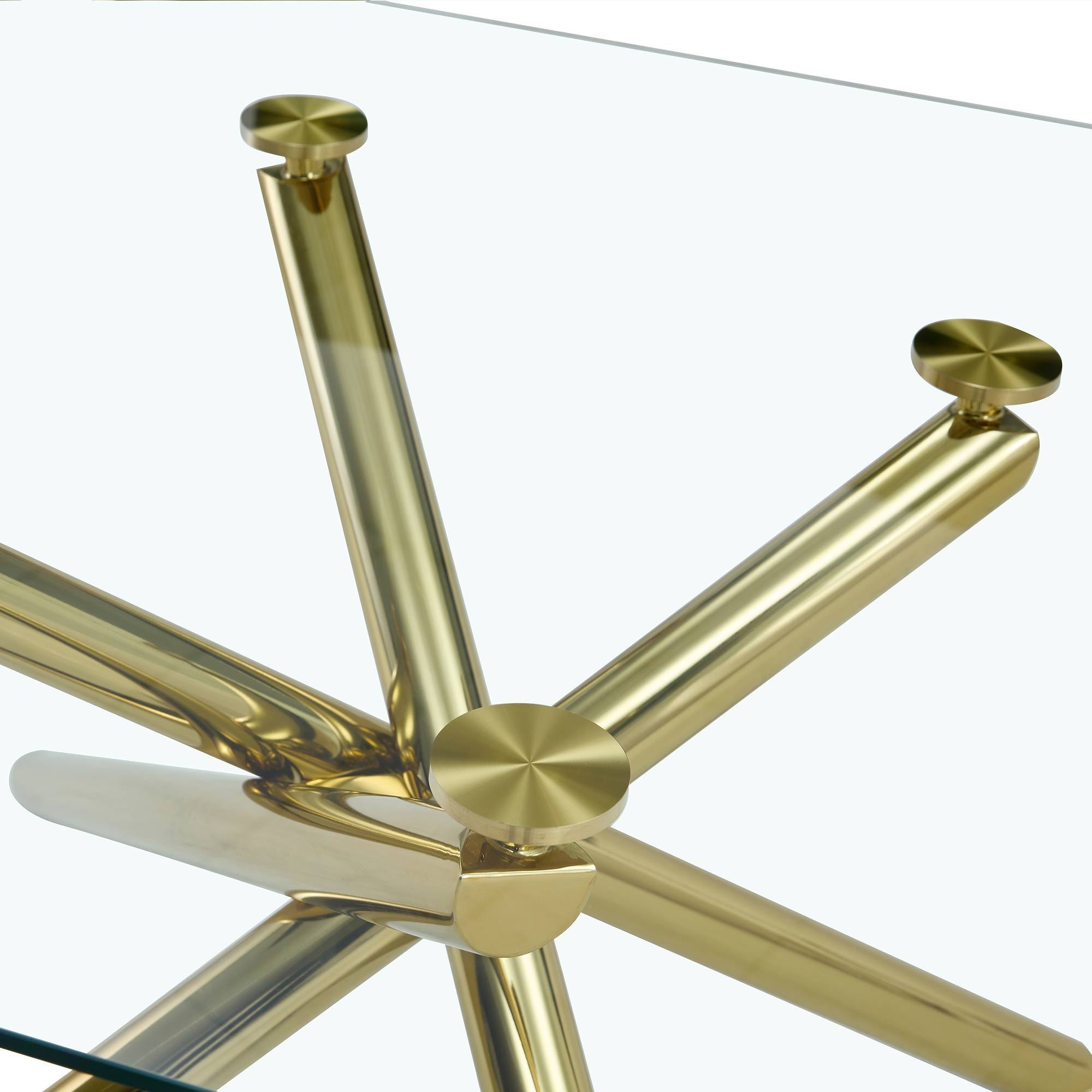 Modern Minimalist Rectangular Glass Dining Table for 6-8 with 0.39" Tempered Glass Tabletop and Silver Chrome Metal Legs - Golden