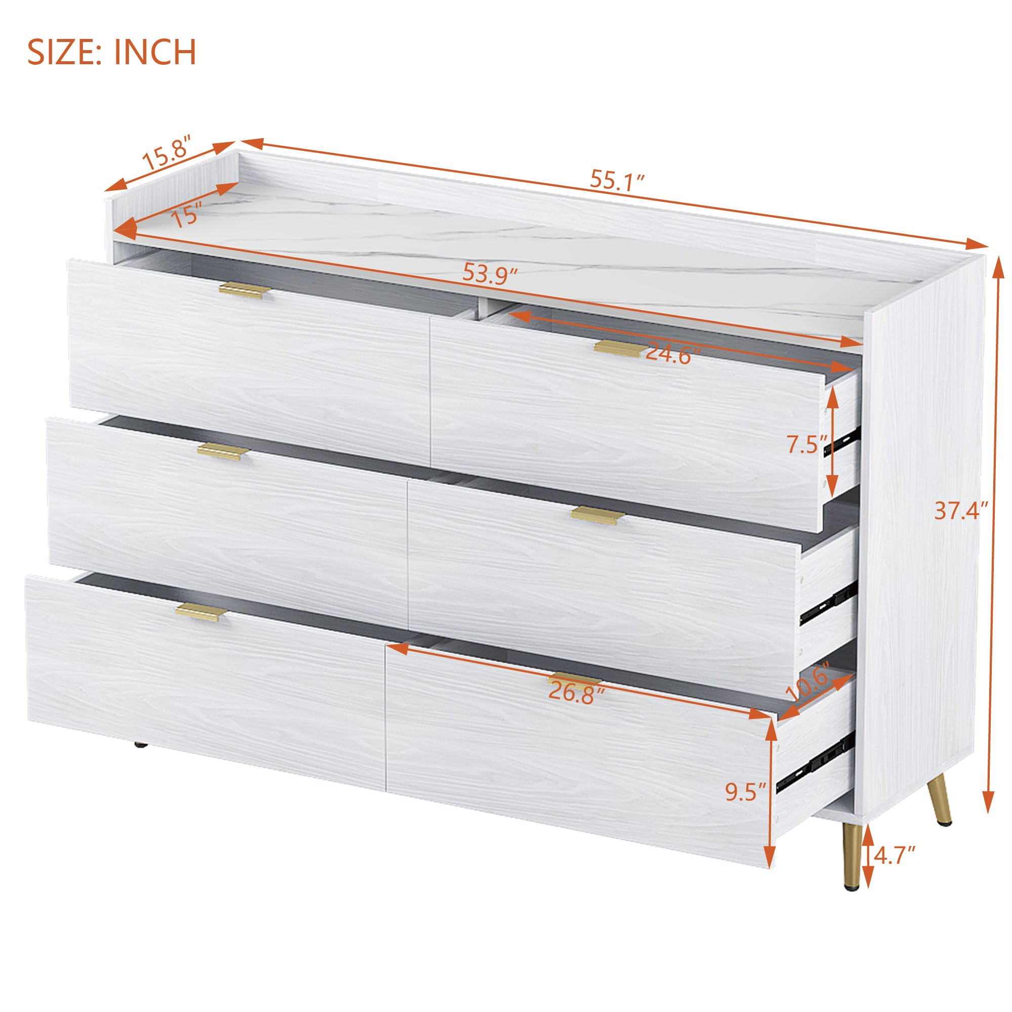 55" Long 6 Drawer Dresser with Marbling Worktop, Mordern Storage Cabinet with Metal Leg and Handle - White