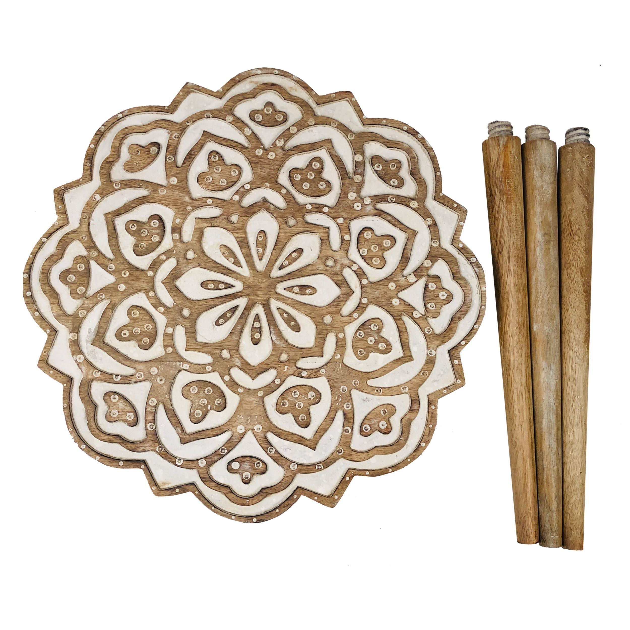 Handcrafted Mango Wood Side End Table, Floral Carved Top, Tripod Base, 18 Inch  - Antique Brown & White