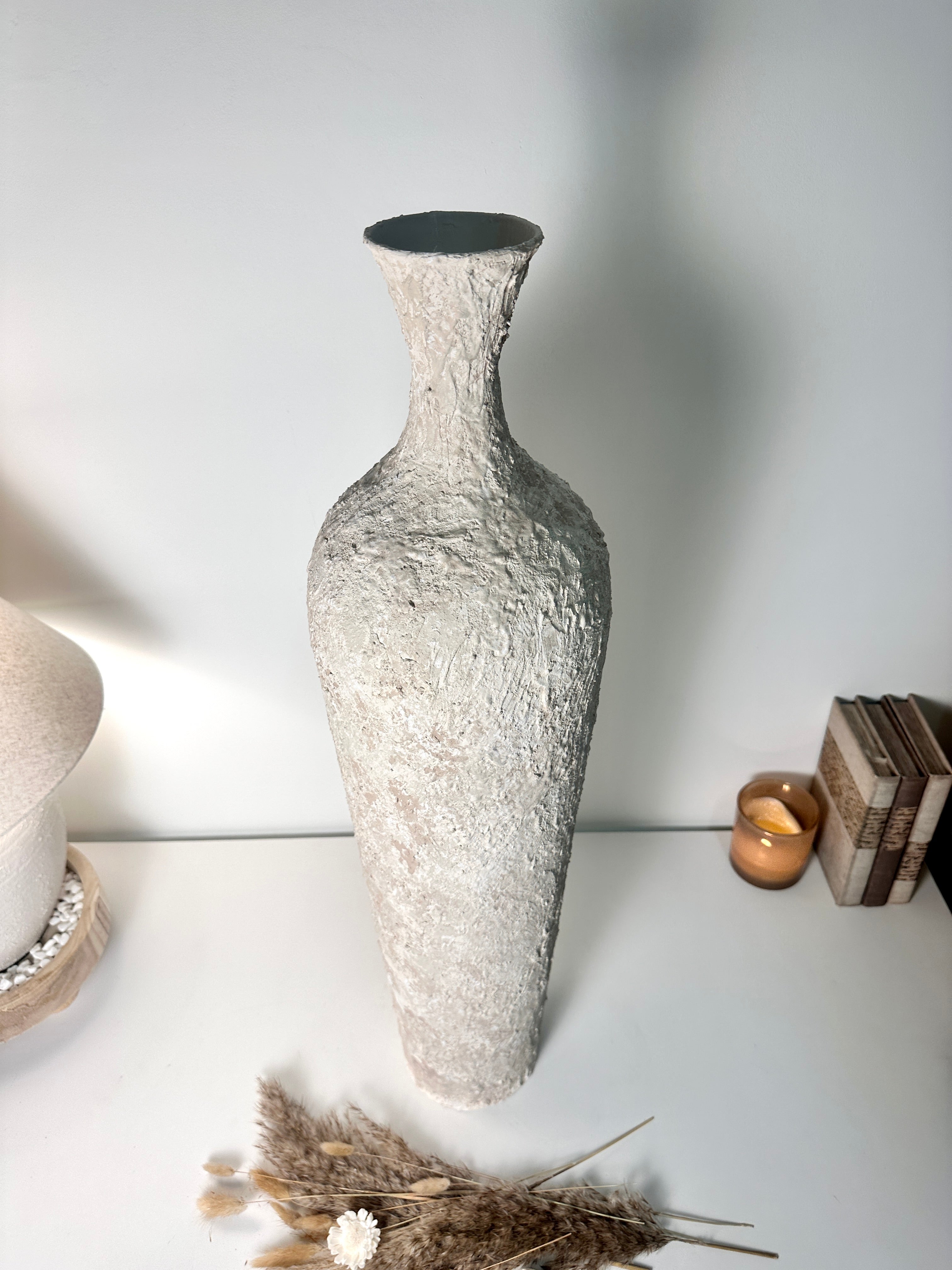 Floor Vase 32" tall minimalist hand-painted metal texture - cream wash