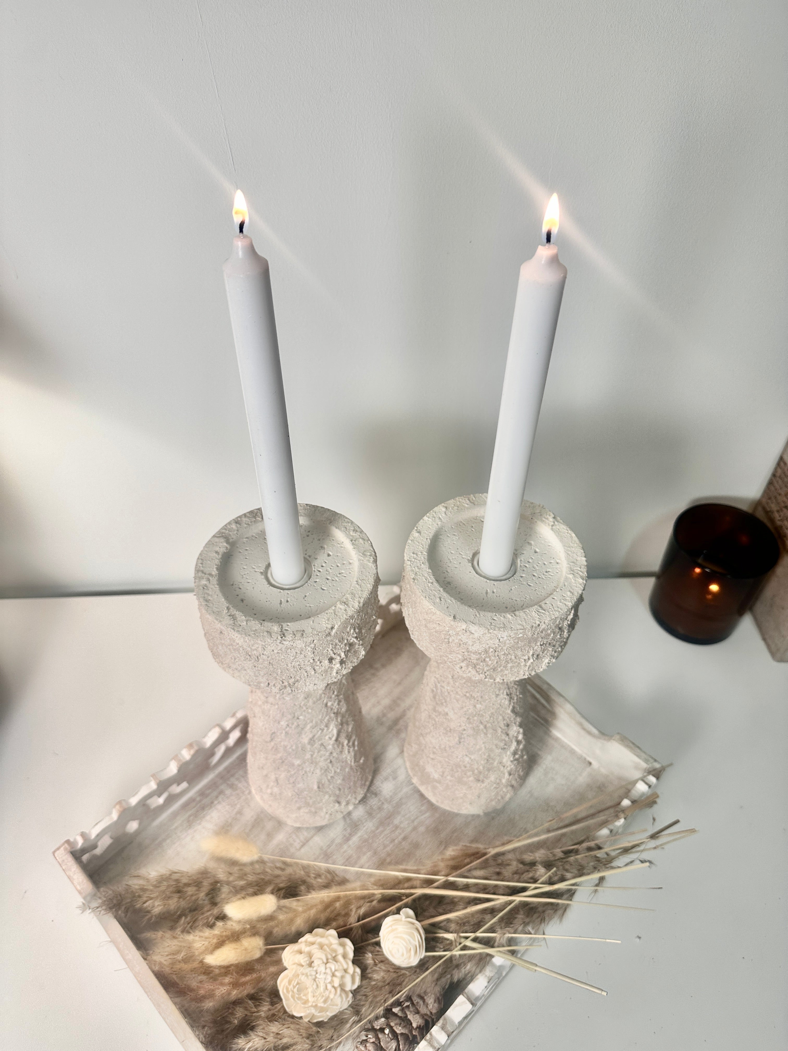 Set of 2 candle holder tray and stick minimalist style 11" tall - Cream wash