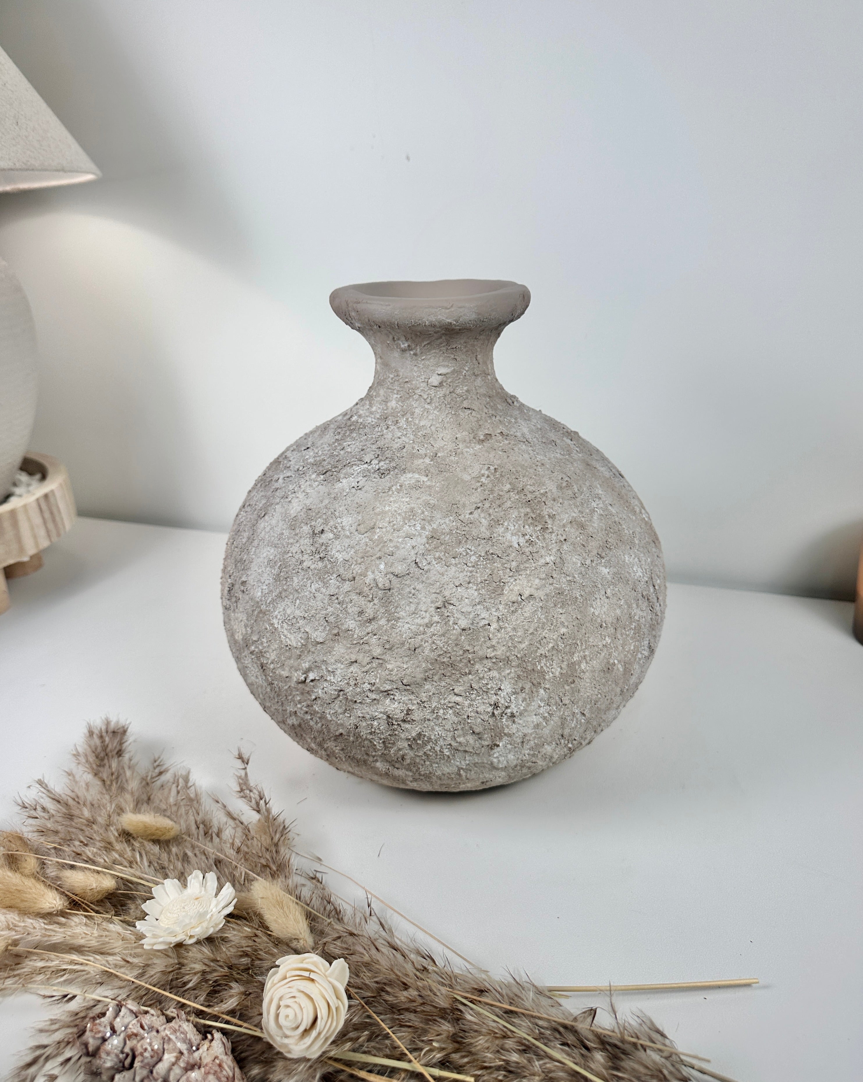Rustic Hand-Painted Ceramic Round Bottle Vase 11" tall - Beige Wash