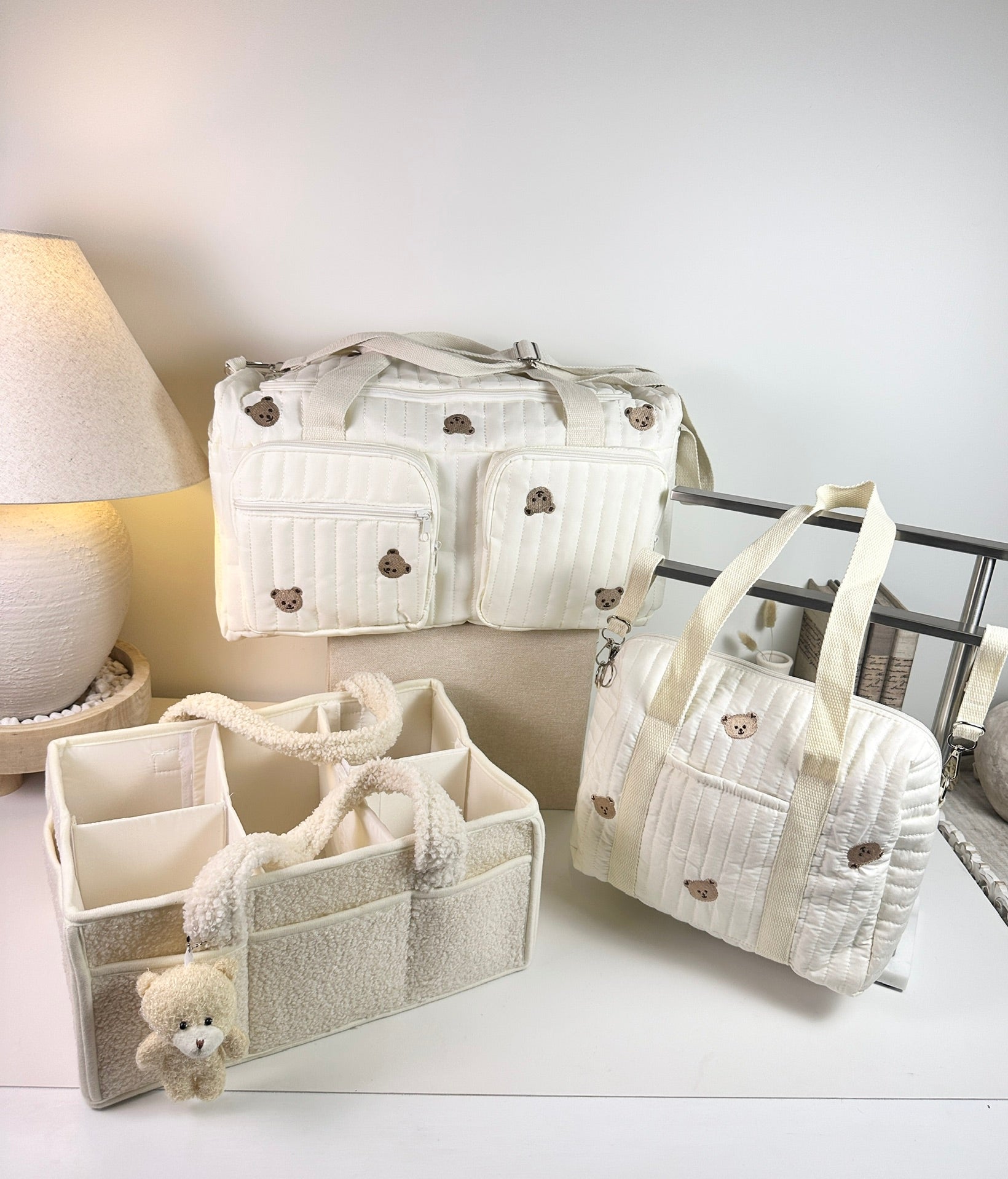 Set of 3 Stroller Bag, Duffel Bag and Caddy Diaper Bag for Baby Essentials - Cream