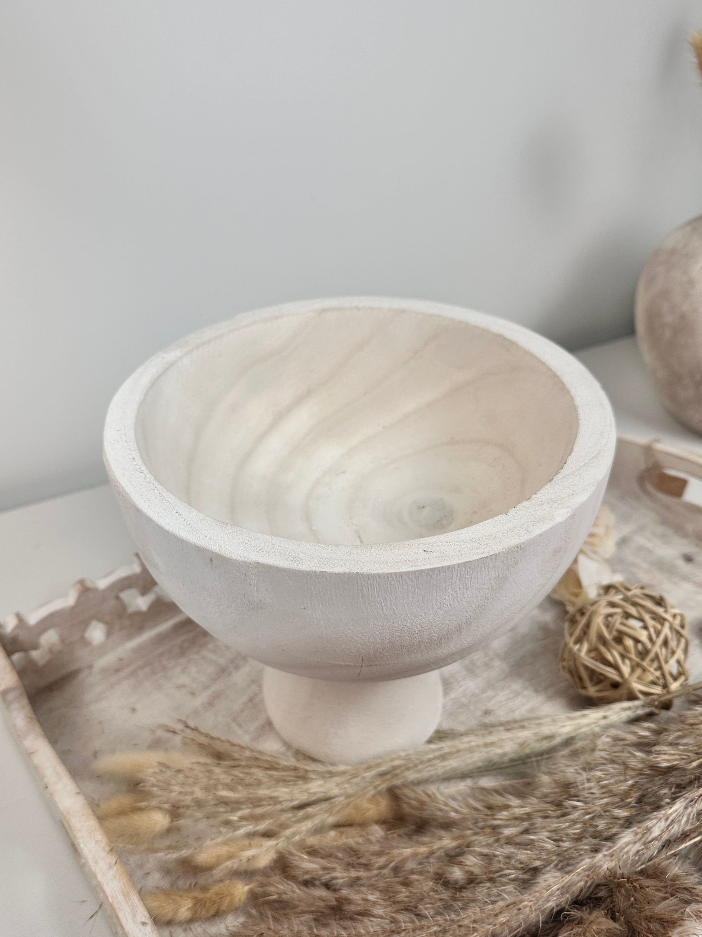 Set of 2 Boho Paulownia Bowl Tray 7"tall Ivory Sand + Wood Bead Garland