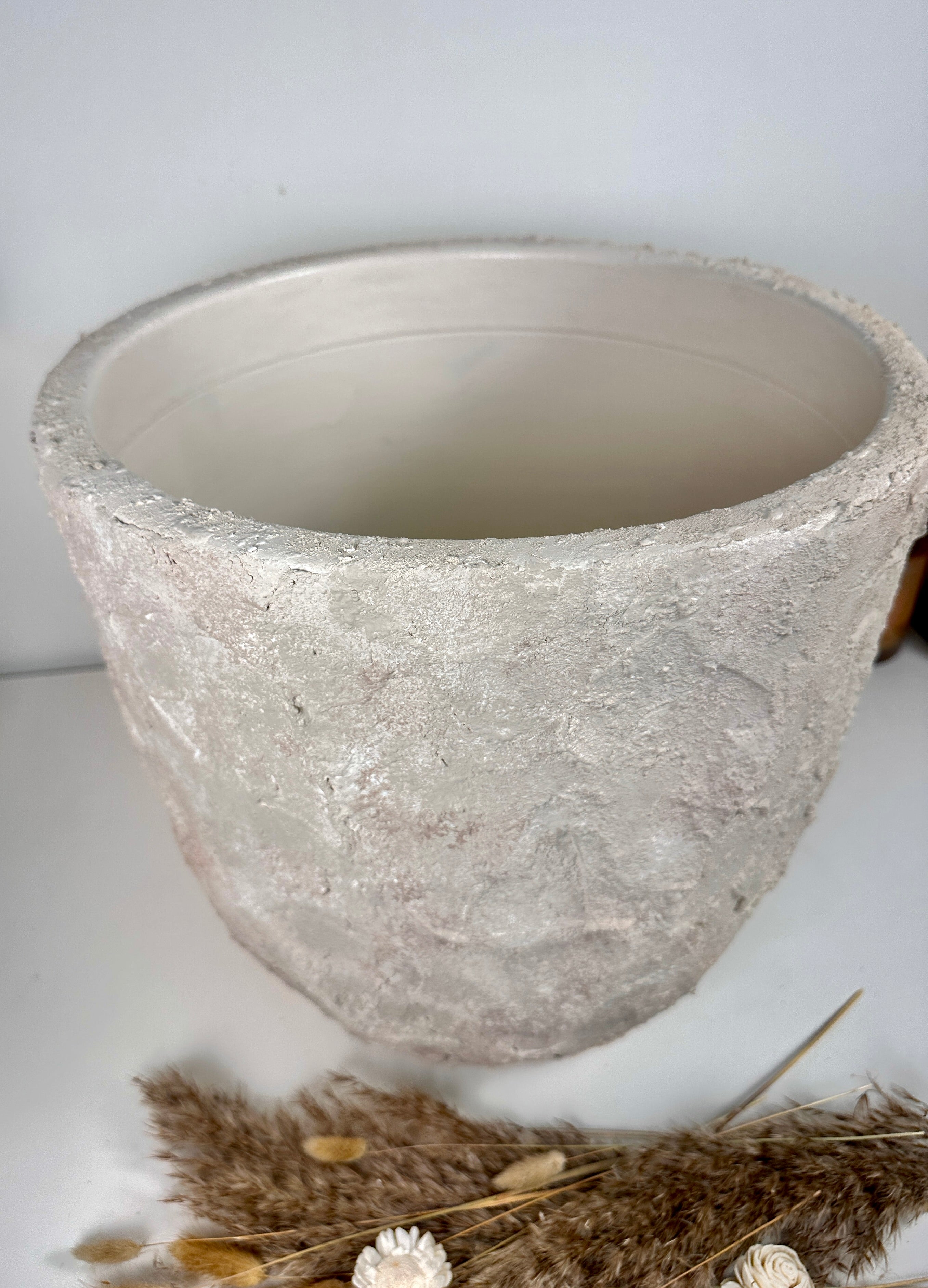 Minimalist Hand-Painted & Textured Planter Pot 14" tall with drainage hole one time creation - Cream