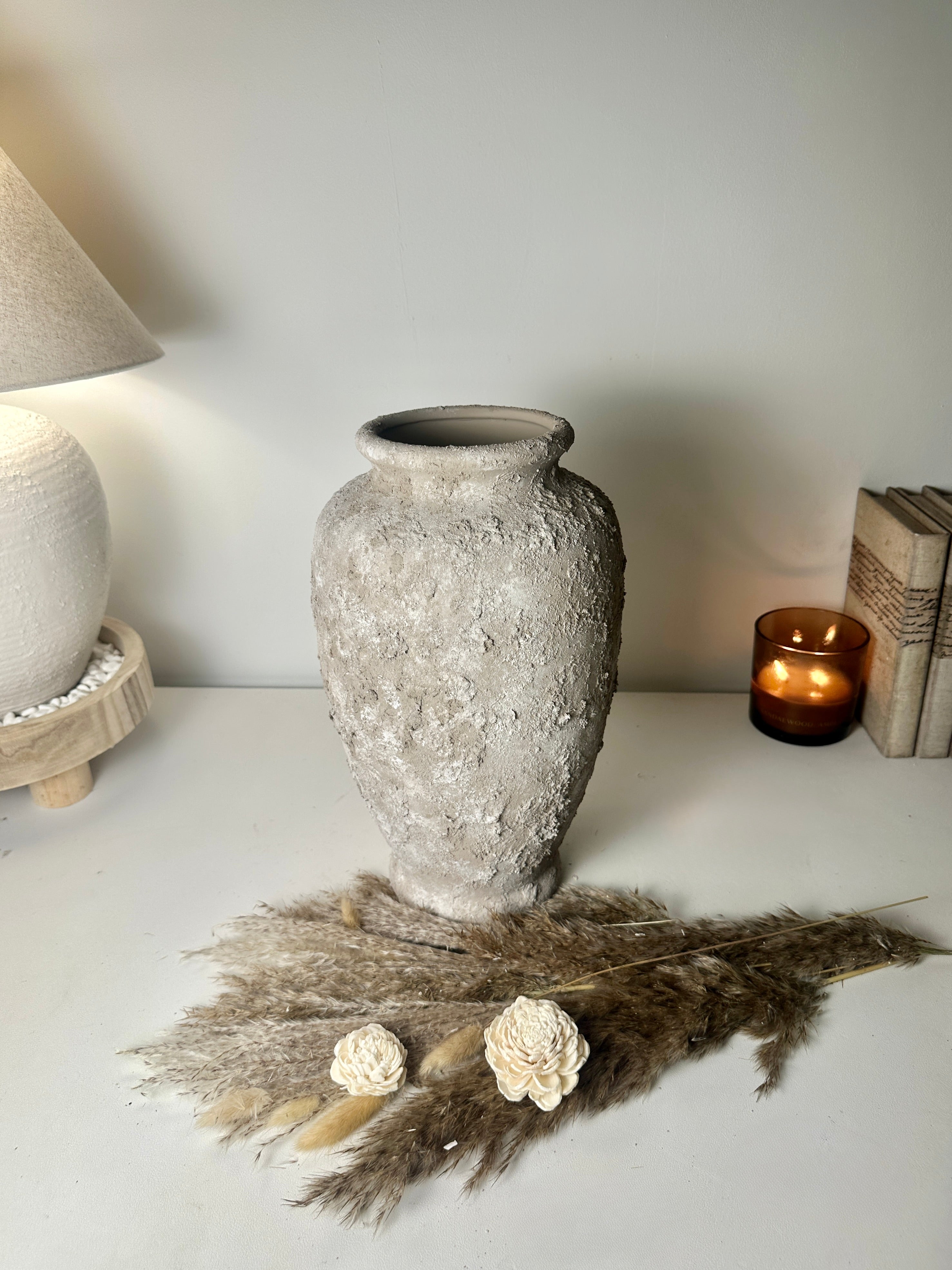 Rustic Hand-Painted Textured Ceramic Vase 14" tall - Beige Wash