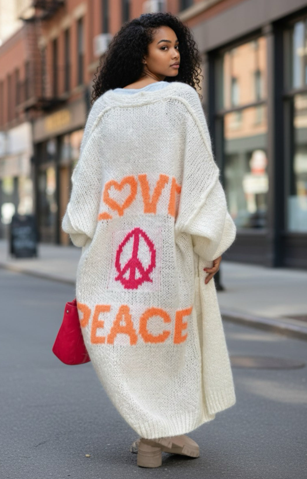 Cozy Women's Love Peace Graphic Oversized Cardigan Sweater Long Sleeve