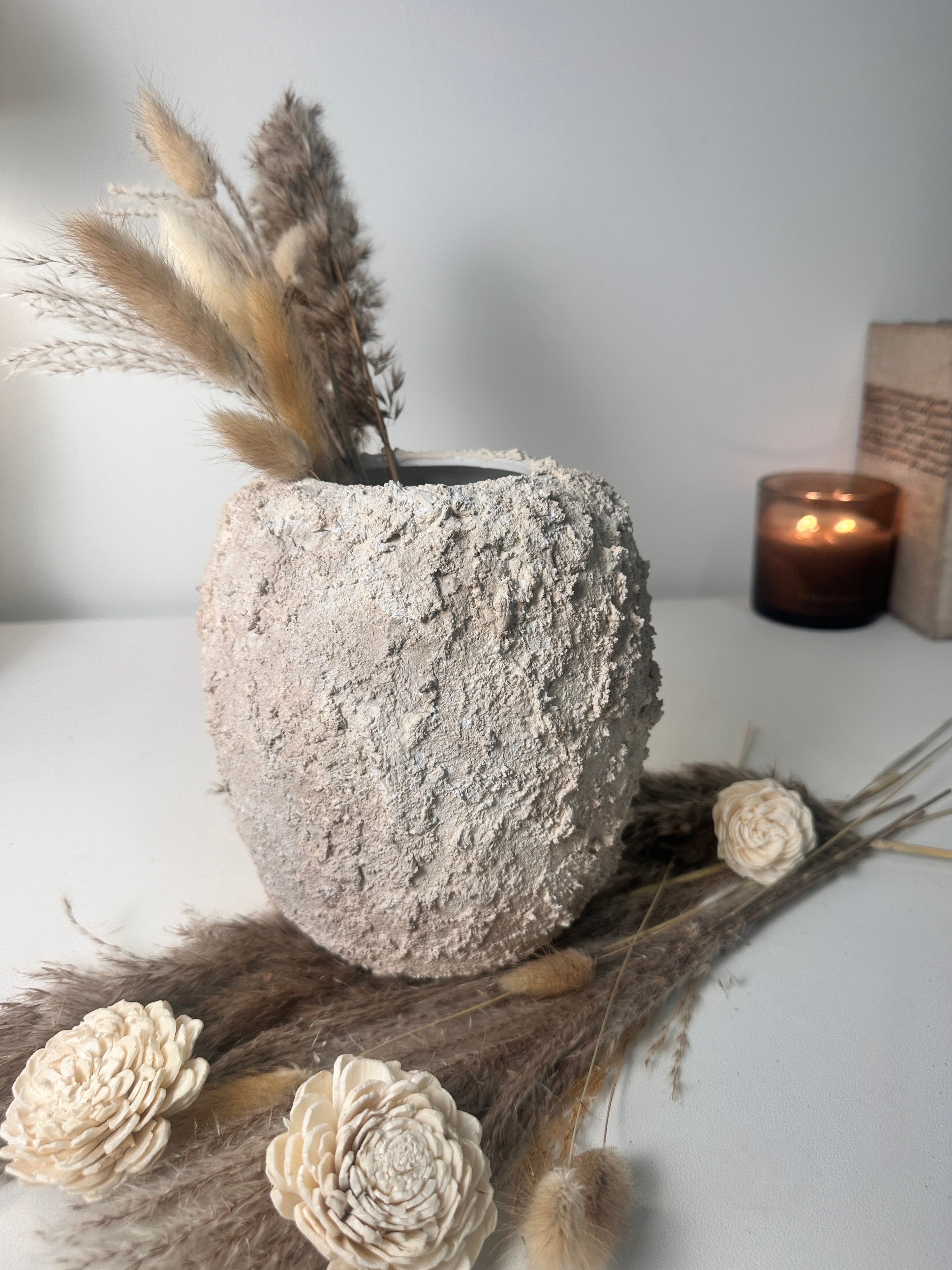 Minimalist Hand-Painted Textured Ceramic Round Vase 7" tall - cream sand wash