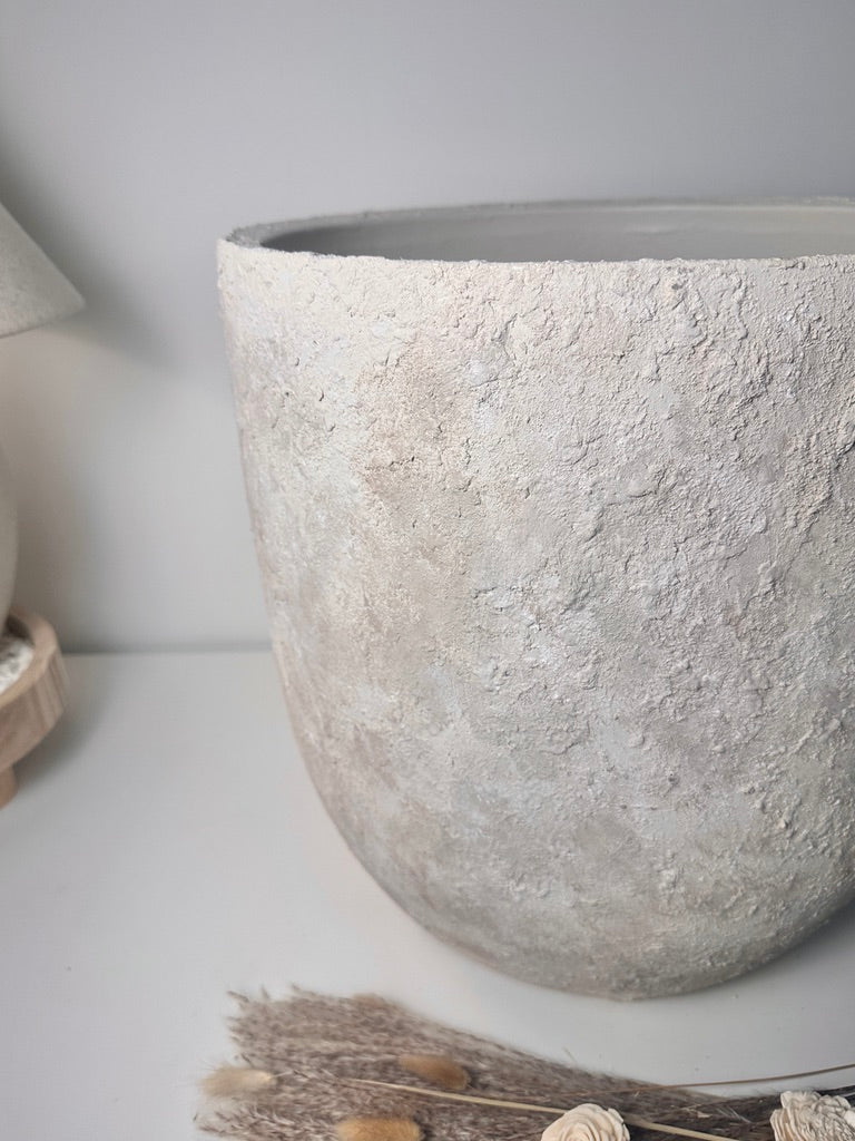 17" tall Minimalist Hand-Painted & Textured Planter Pot with Drainage Hole one time creation - cream sand wash