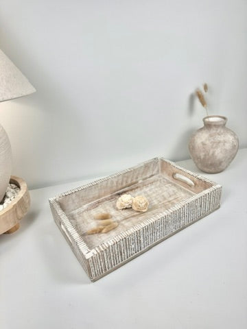 Boho Handmade Serving Wooden Tray Whitewash Finish with Stripes 12x10x2.5”