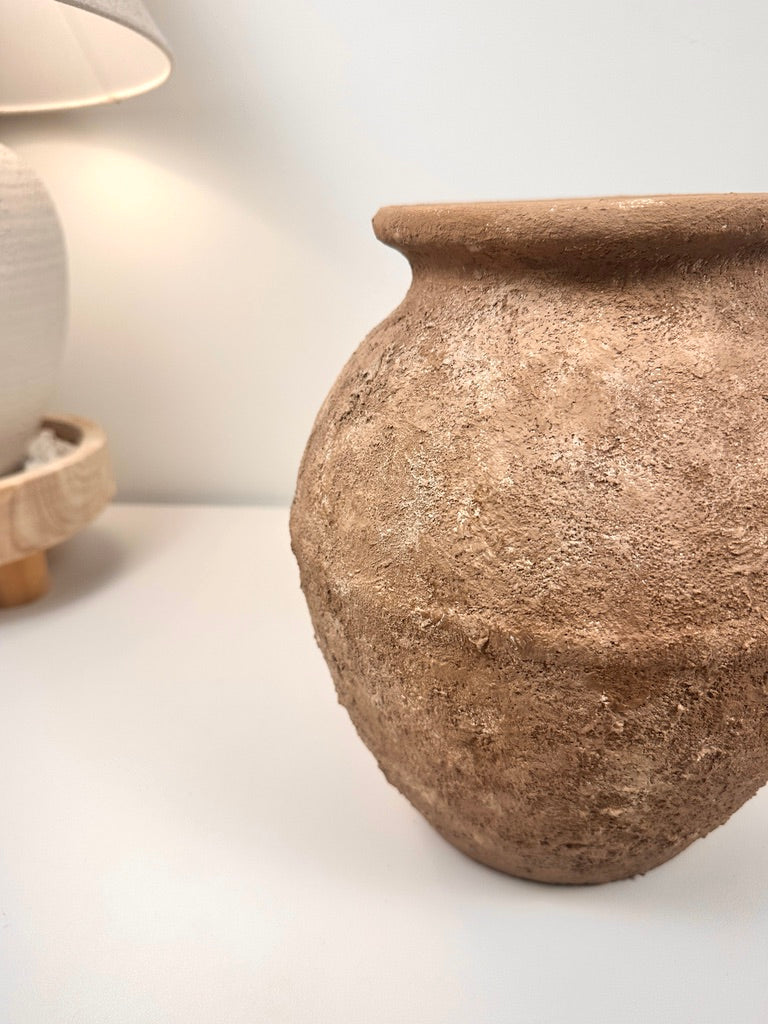 Earth Brown Color Ceramic Vase Painted and Textured By Hand 10.5x9x9"