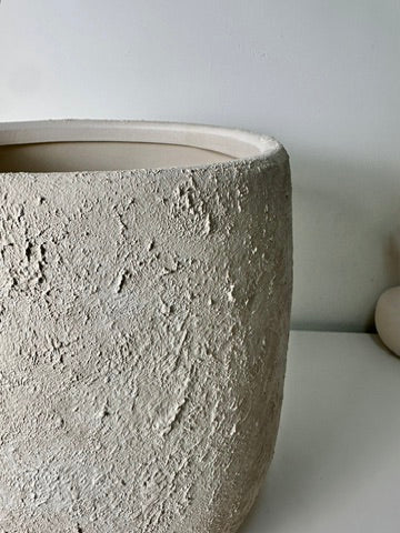 Minimalist Hand-Painted & Textured Planter Pot 12.5" tall with drainage hole one time creation - Cream Linen wash