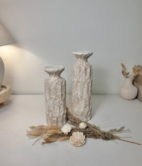 Minimalist Set of 2 Candle Holders Textured Hand-Painted - Cream Sand (10.5x4x4", 13x4x4")