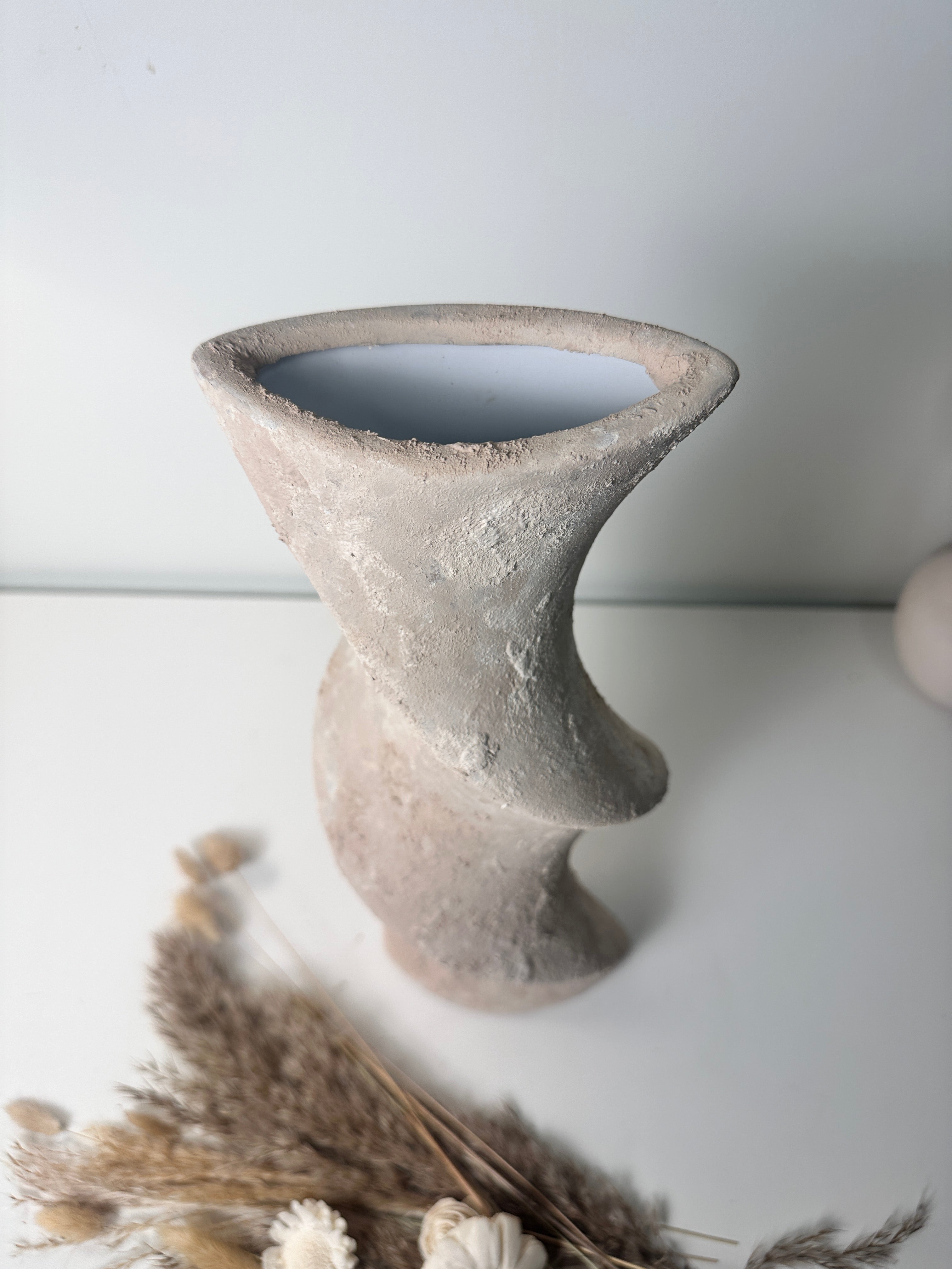 Minimalist Twisted Textured Hand-painted Ceramic Vase 16" Light Beige Wash