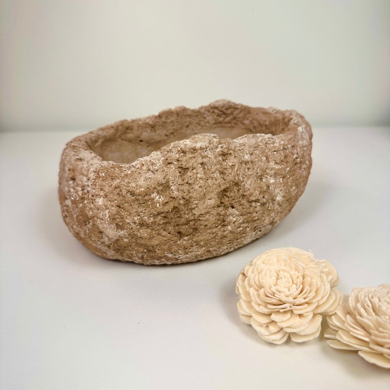 Weathered Stone Basin With Hole Drainage, Small Planter Pot, Hand-Painted Brown