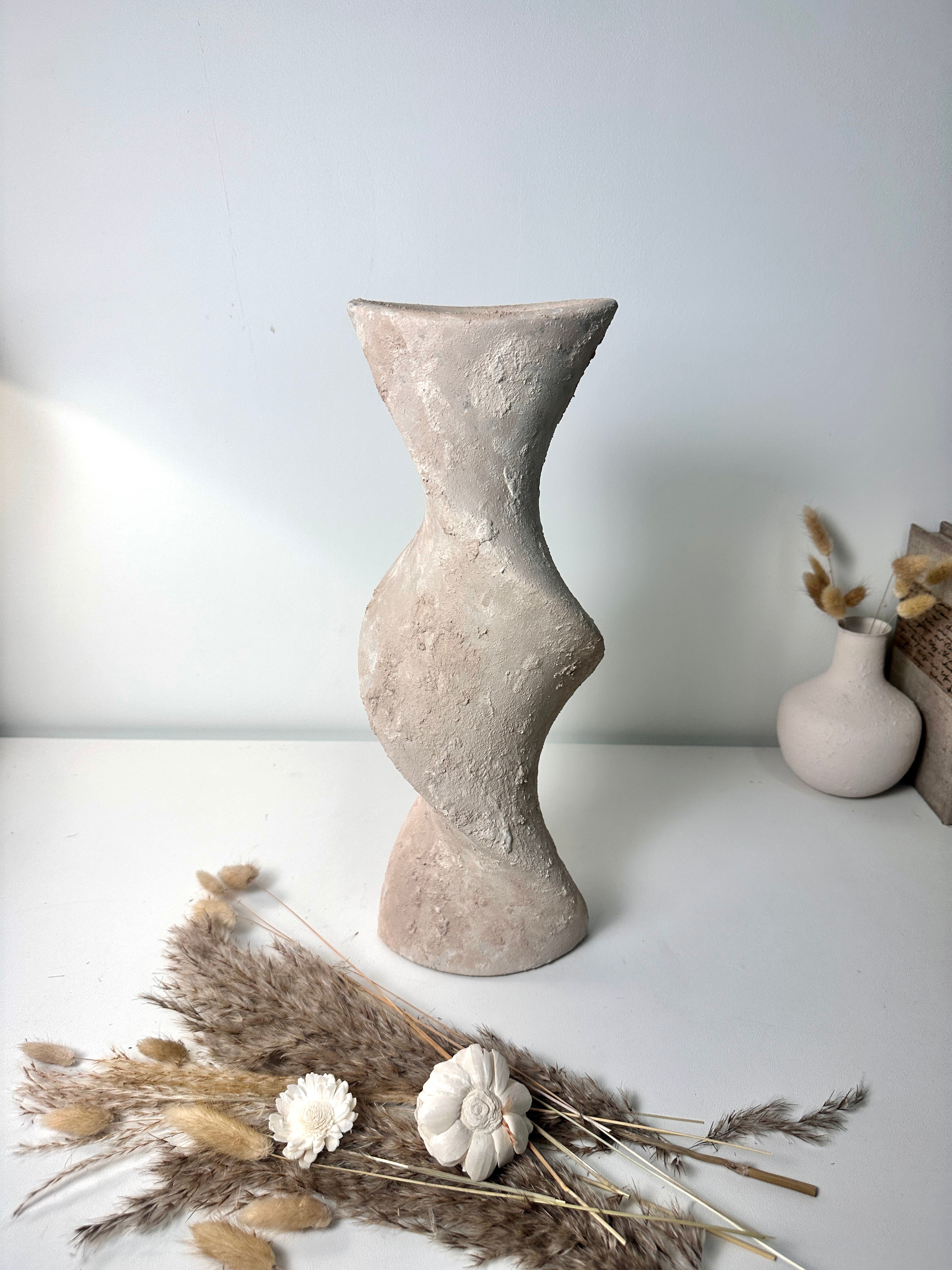 Minimalist Twisted Textured Hand-painted Ceramic Vase 16" Light Beige Wash
