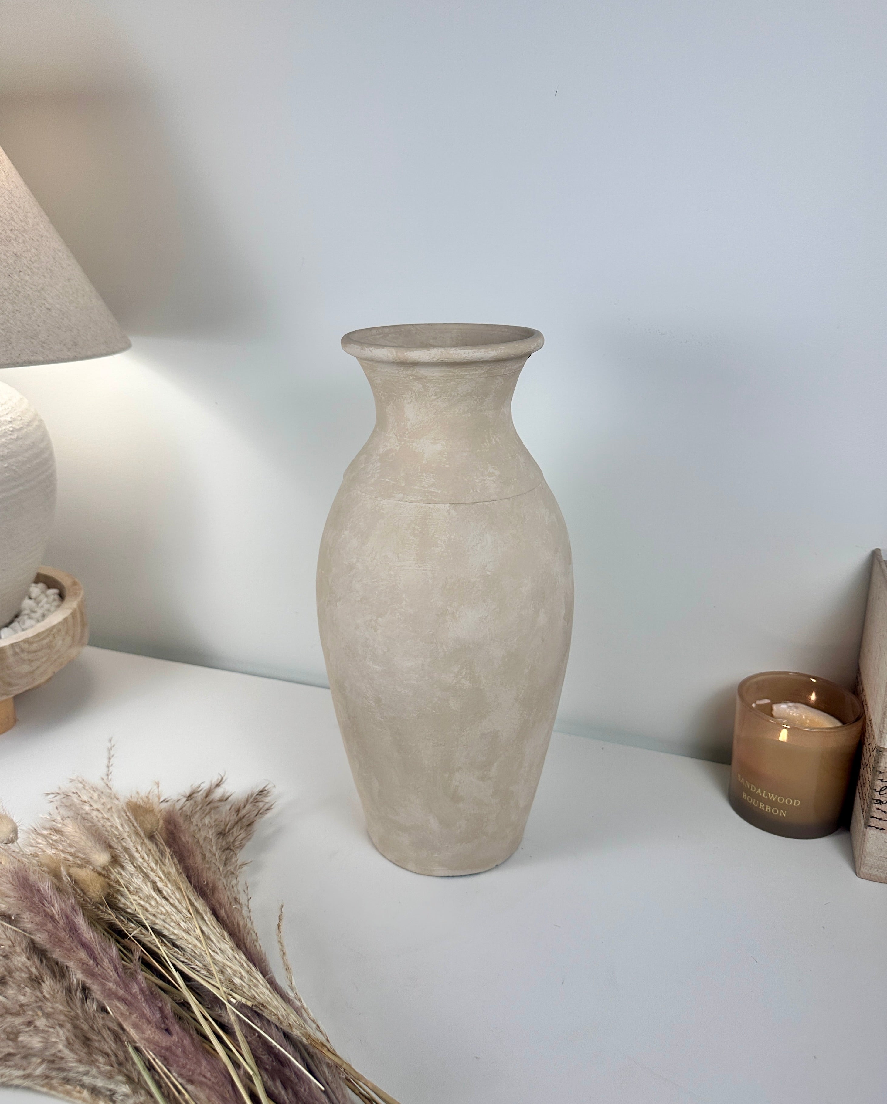 Roman Style Ceramic Vase Hand-painted  16" tall - Light Beige/Sand washed