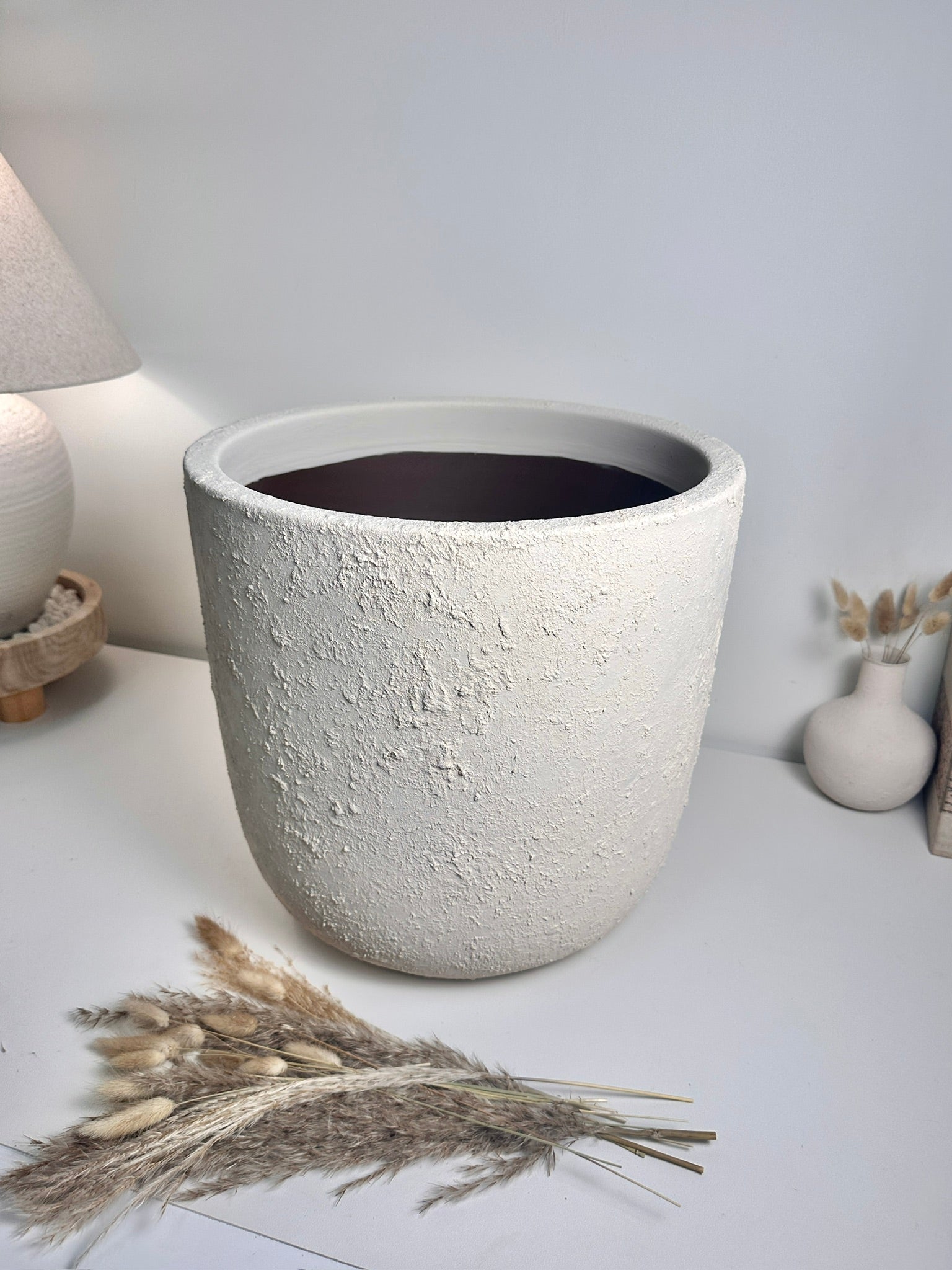Minimalist Hand-Painted & Textured Planter Pot 14" tall with drainage hole one time creation - Cream