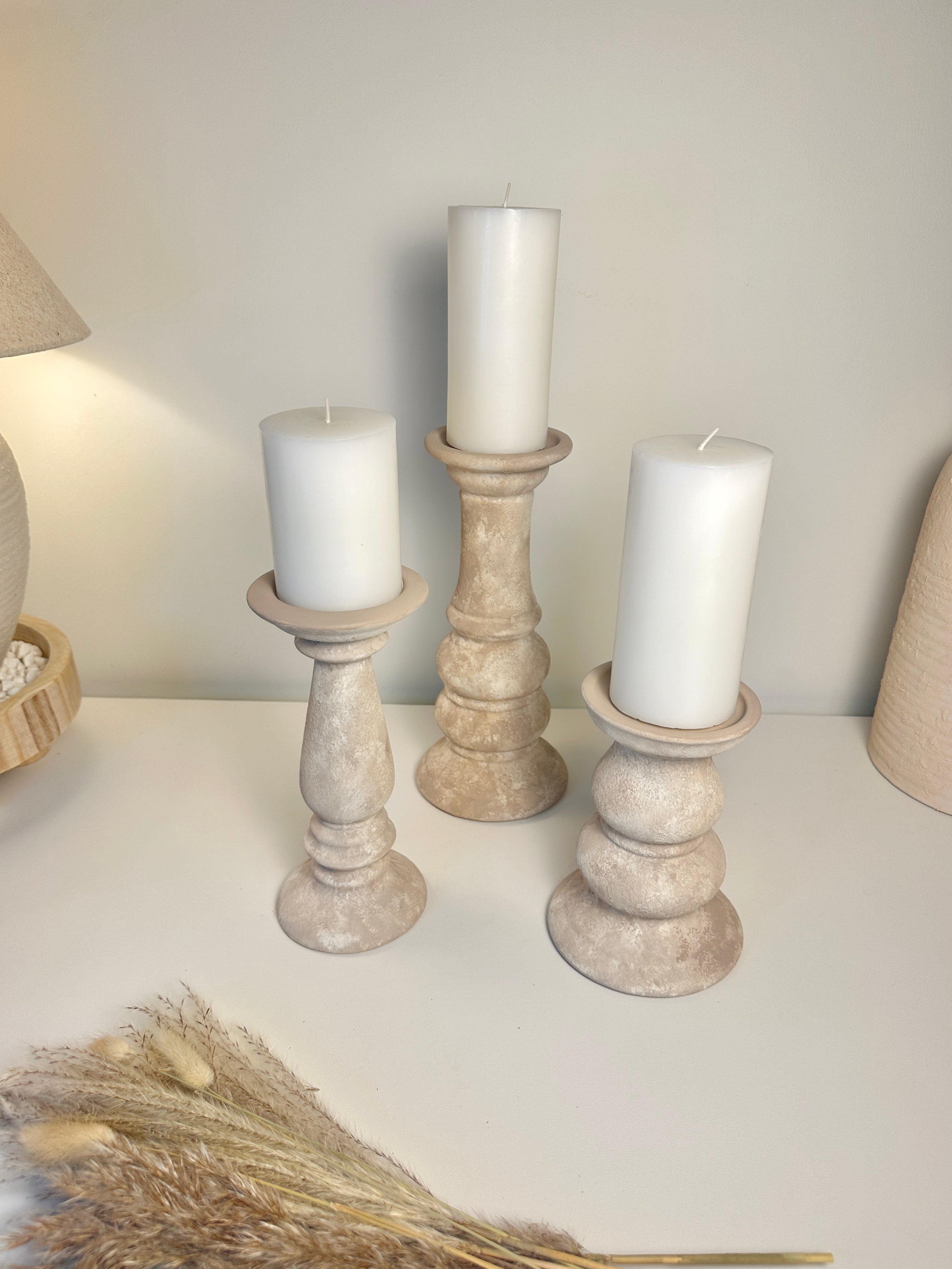Set of 3 // Modern Ceramic Beige Washed Candle Holders (tall 7", medium 6", small 5")