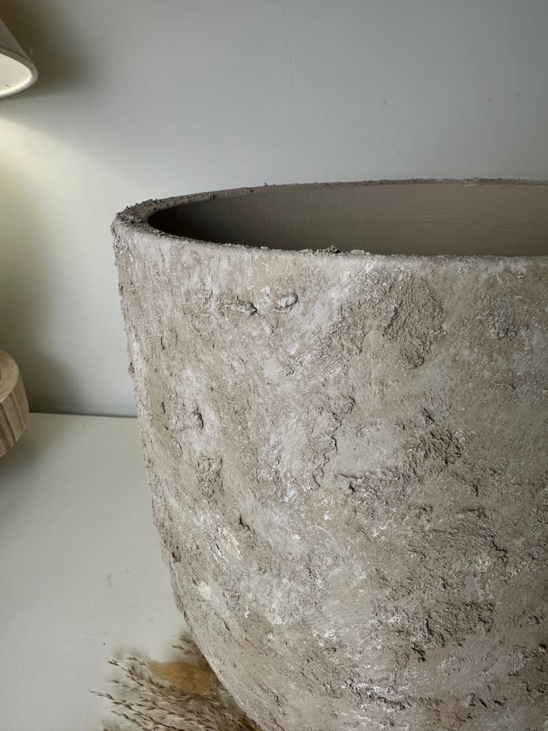 11" tall Minimalist Hand-Painted & Textured Planter Pot with drainage hole - Mesa Beige