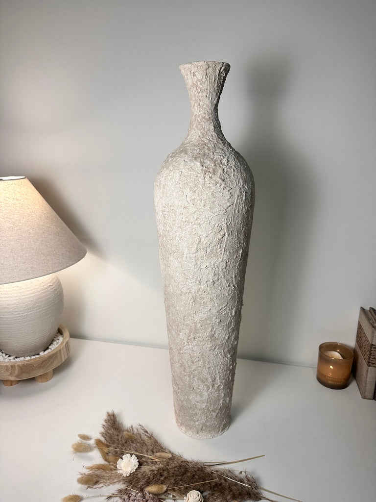 Floor Vase 32" tall minimalist hand-painted metal texture - cream wash