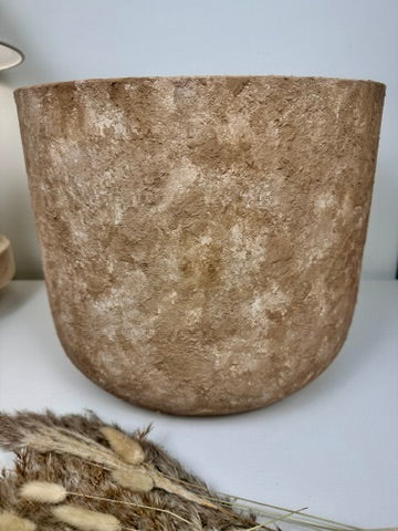 Rustic Hand-Painted & Textured Planter 12" tall with drainage hole one time creation - Brown washed