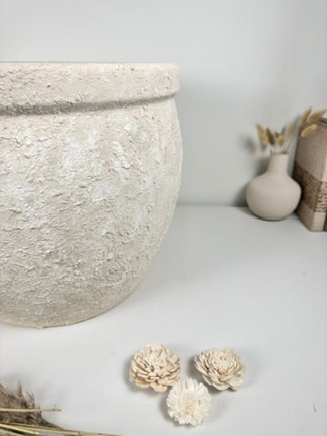 Minimalist Hand-Painted & Textured Planter Pot 12" tall with drainage hole one time creation - Cream wash