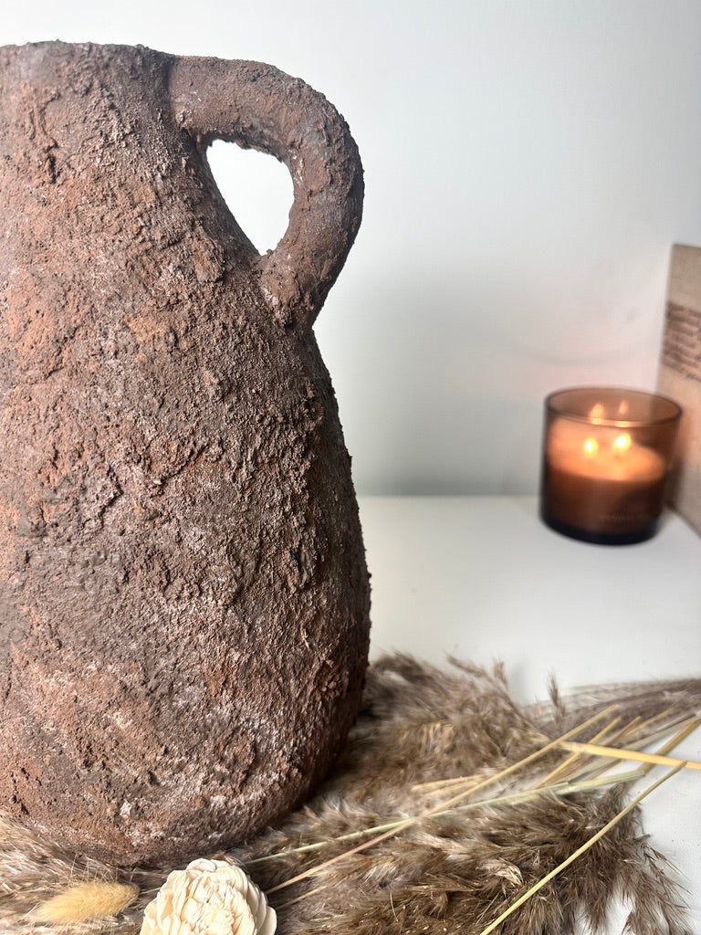 Rustic Tree Style Ceramic Vase Textured Handcrafted 12" tall - Dark Brown