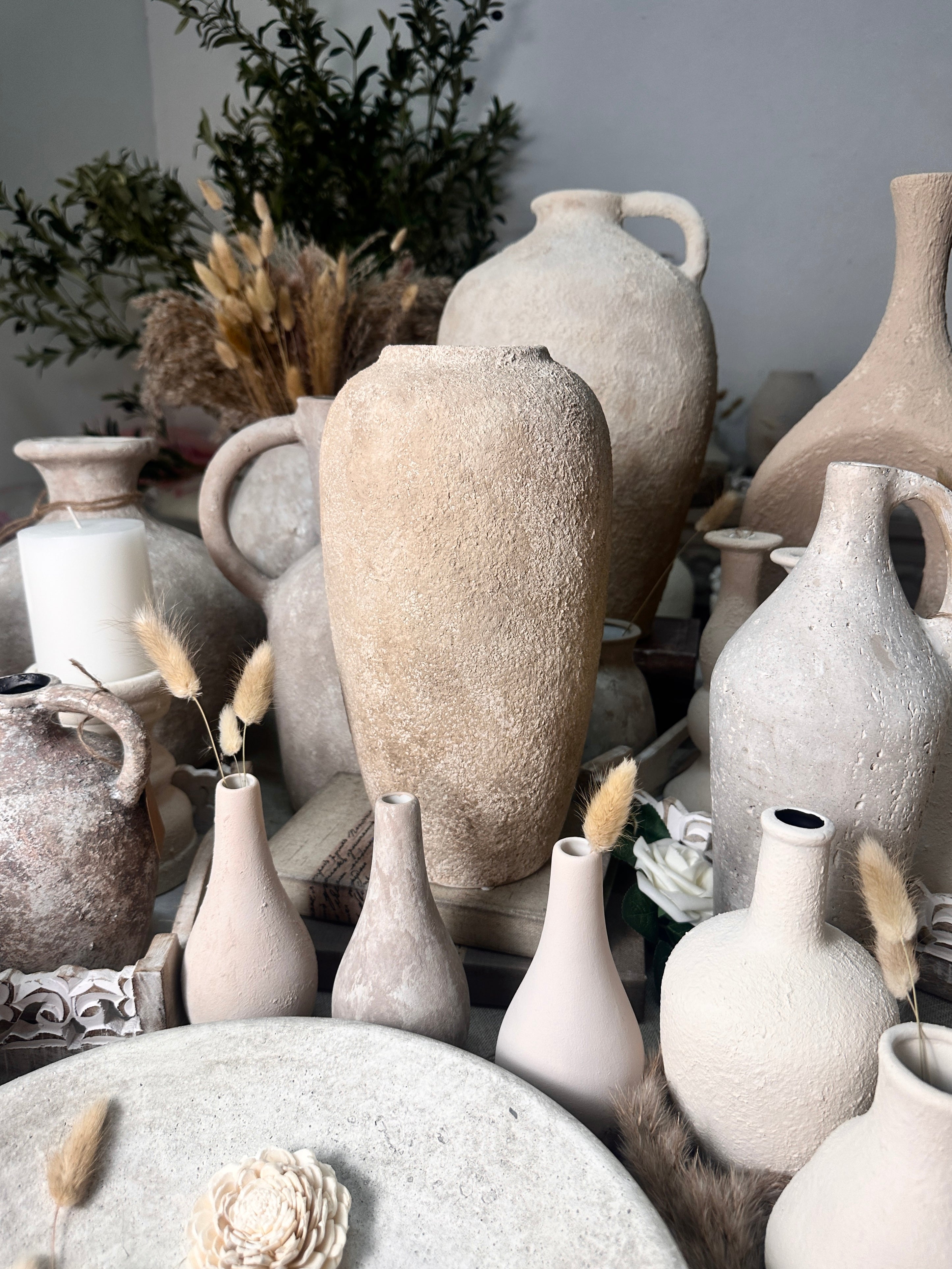 Minimalist Modern Ceramic Vase 12" tall - Hand-Painted light brown beige washed