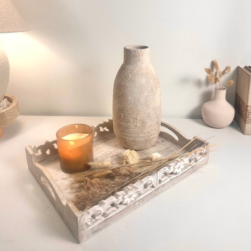 Rustic Hand-Painted/Textured Ceramic Vase 12” tall - beige washed