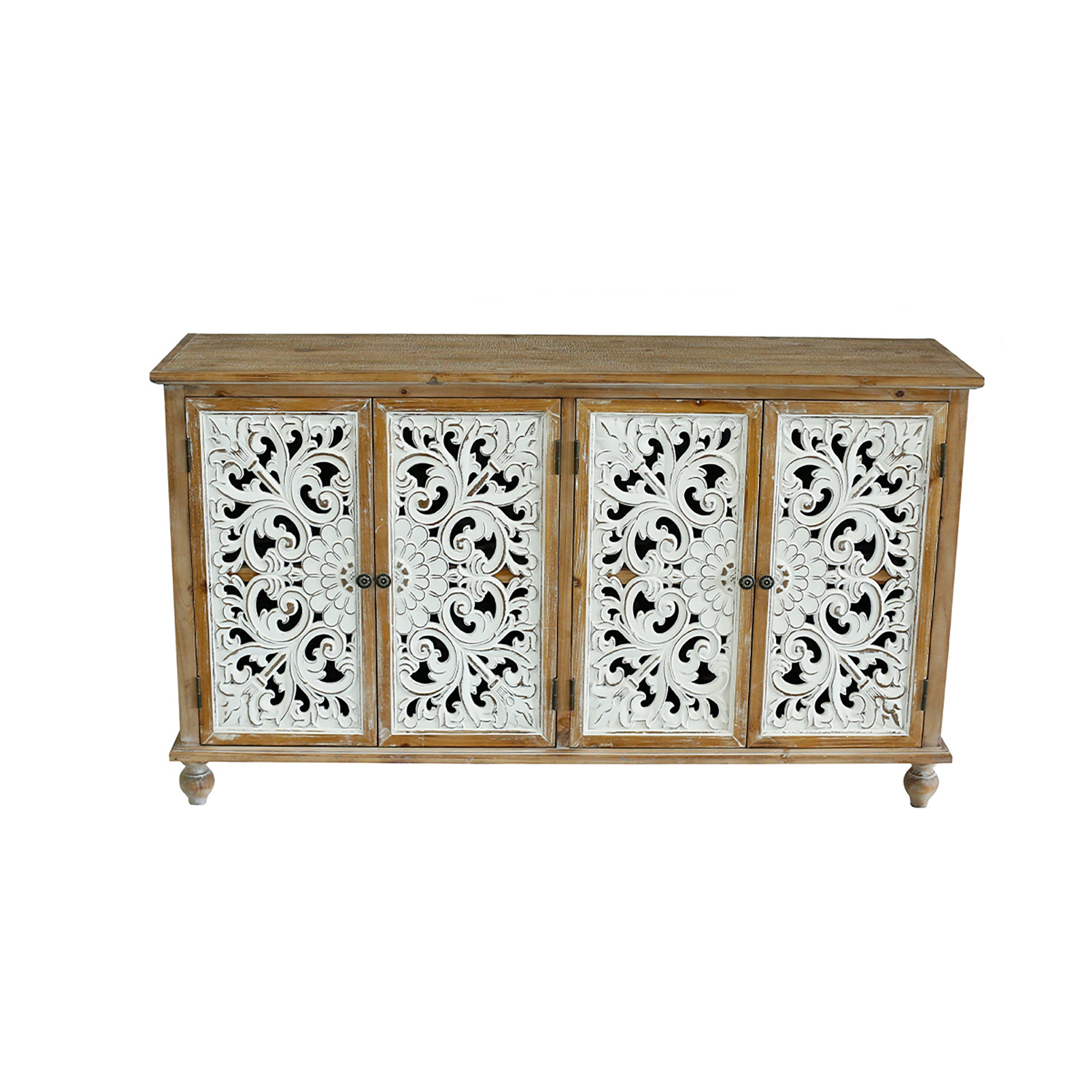 Farmhouse Sideboard Buffet with Storage, Accent Cabinet with 4 Doors, Wood Carved Floral Doors - Natural