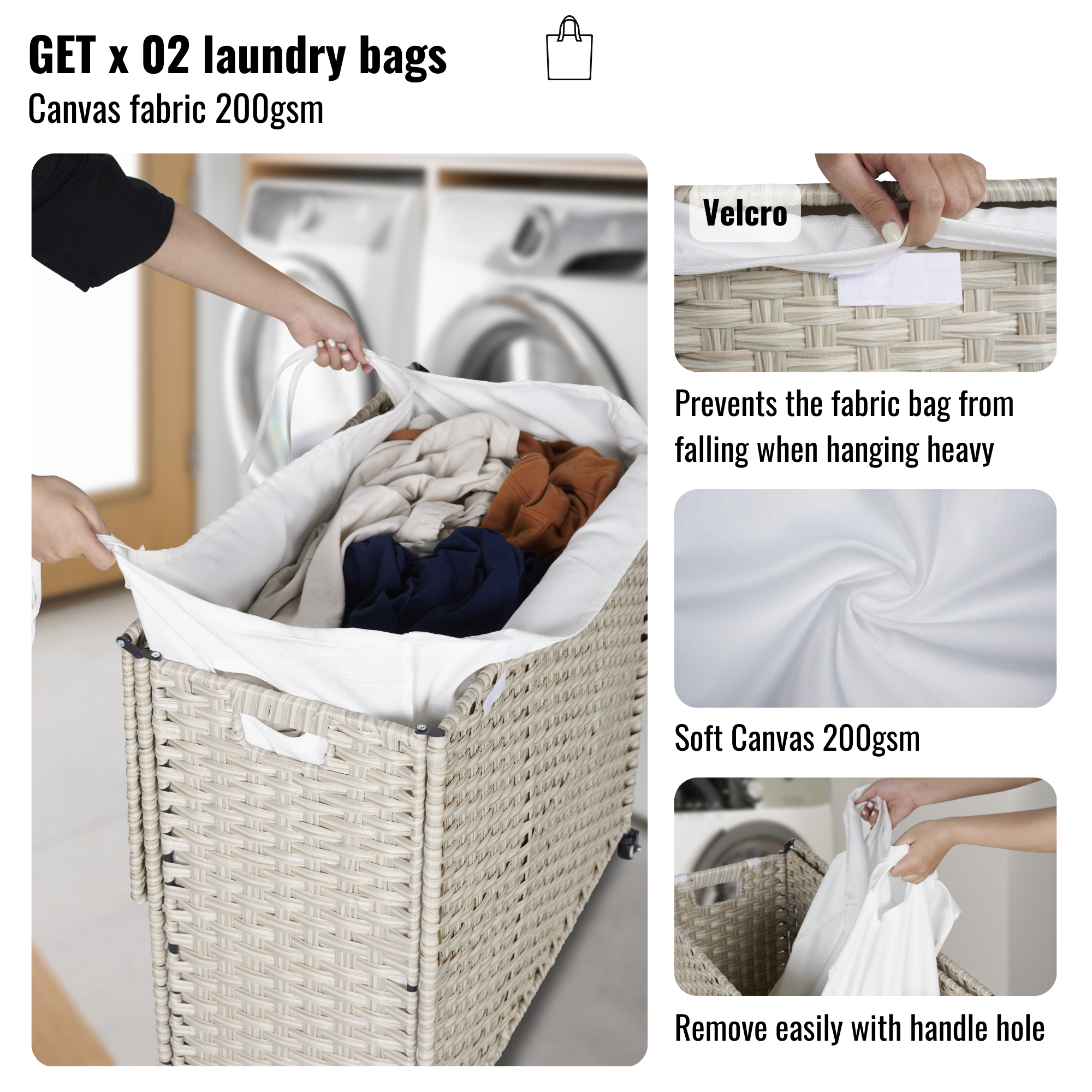 Laundry Hamper With Lid PE Rattan Powder Coating Frame Clothes Hampers with 2 Removable Bags, Wheels, 160L, Light Grey