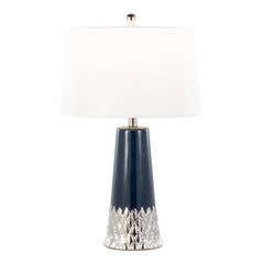 22" Contemporary Table Lamp with Dark Blue & Silver Ceramic Body and White Shade