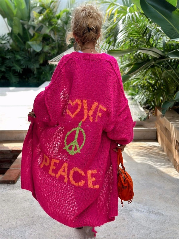Women's Love Peace Graphic Oversized Cardigan Long Sleeve