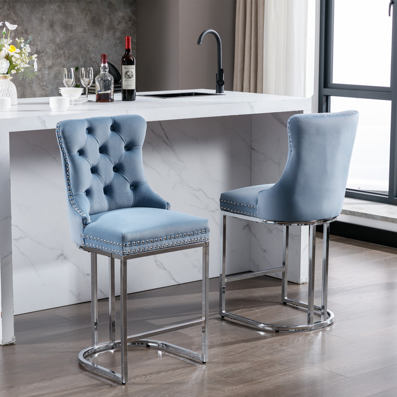 Modern Velvet Barstools  26" Counter Height Bar Stools (Set of 2) - Light Blue