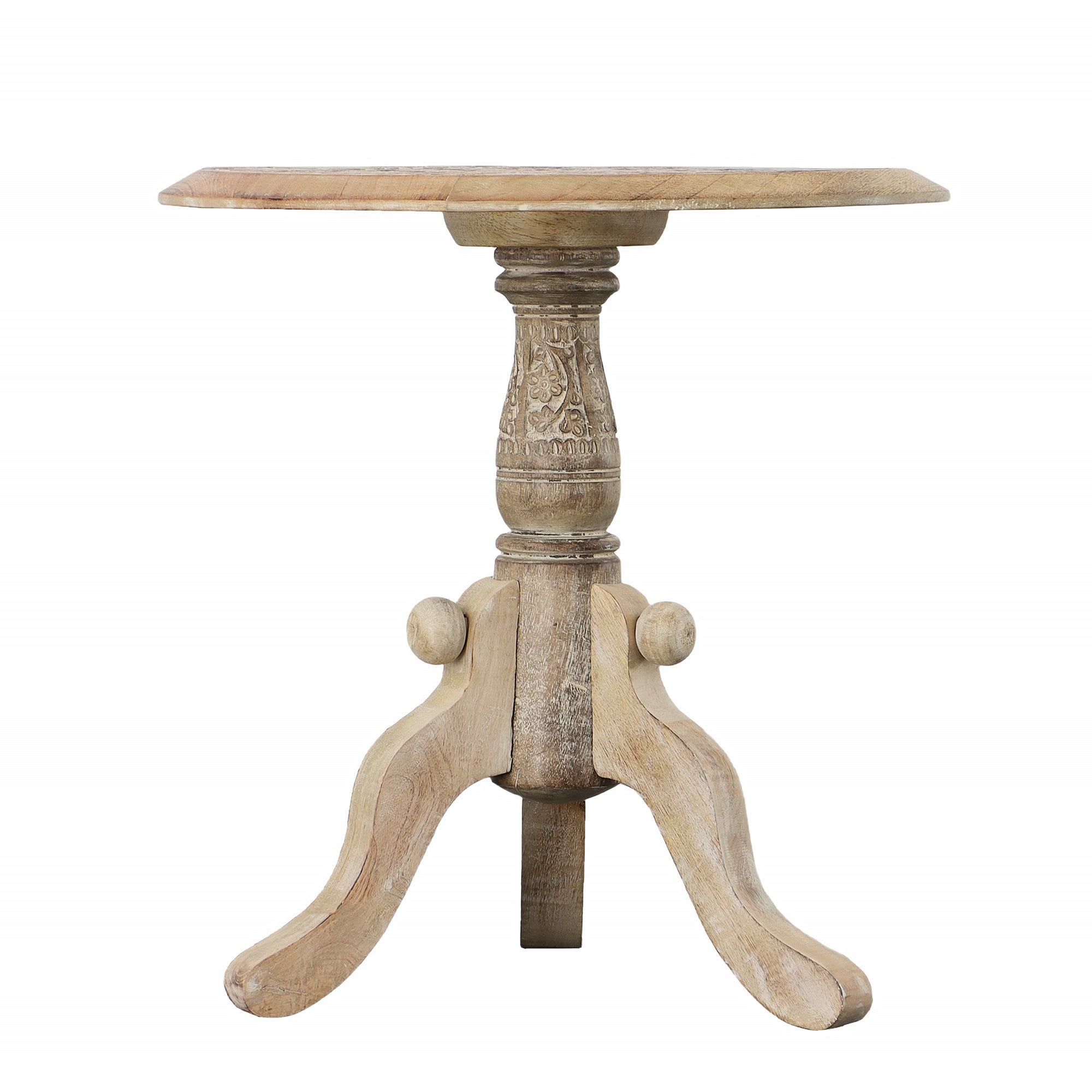 French Style Intricately Carved Round Top Mango Wood Side End Table with Pedestal Base - Natural and White