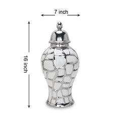 16"H Regal White and Silver Ceramic Decorative Ginger Jar
