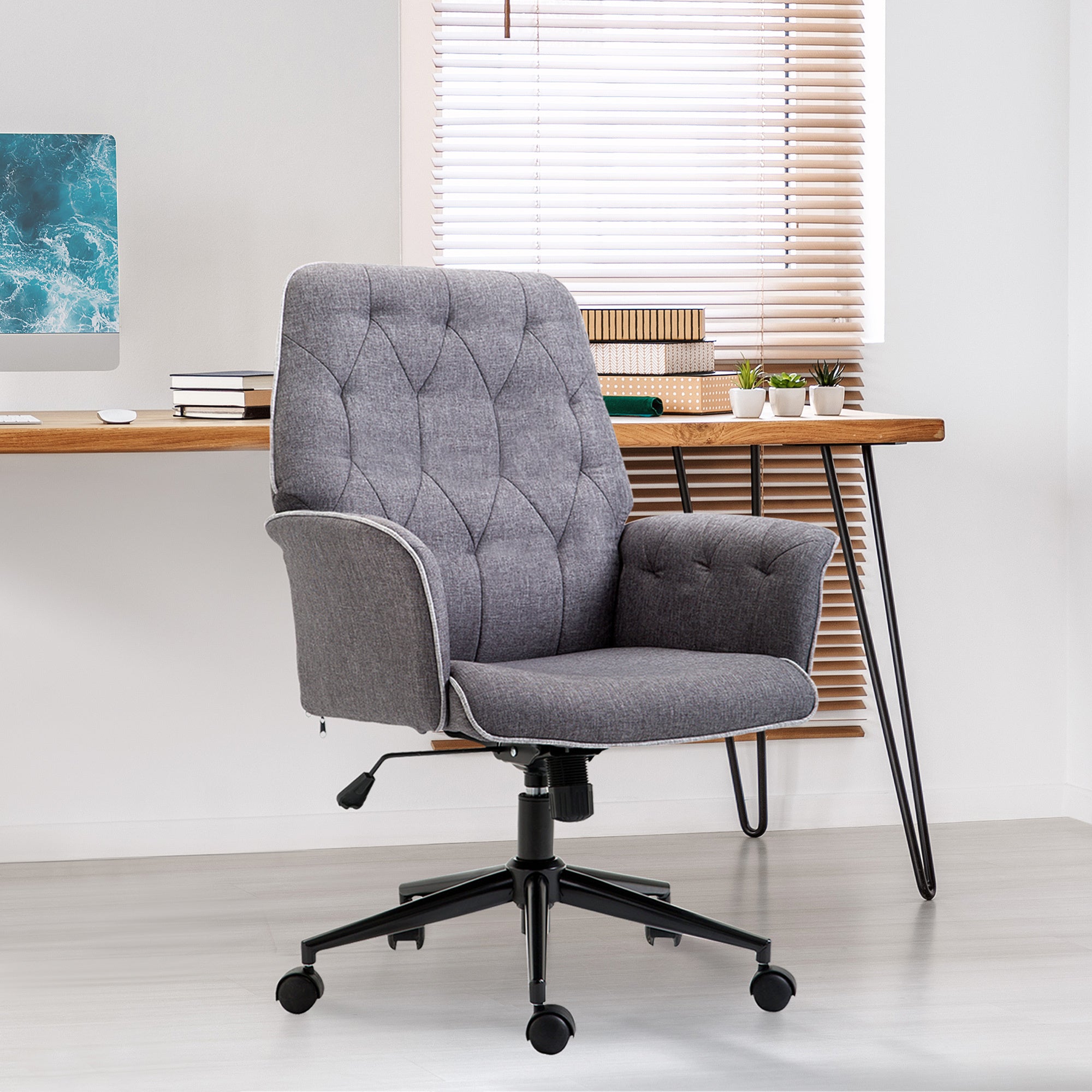 Vinsetto Linen Home Office Chair, Tufted Height Adjustable Computer Desk Chair with Swivel Wheels and Padded Armrests - Dark Gray