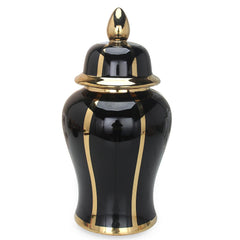 14"H Black Linear Gilded Ginger Jar with Removable Lid