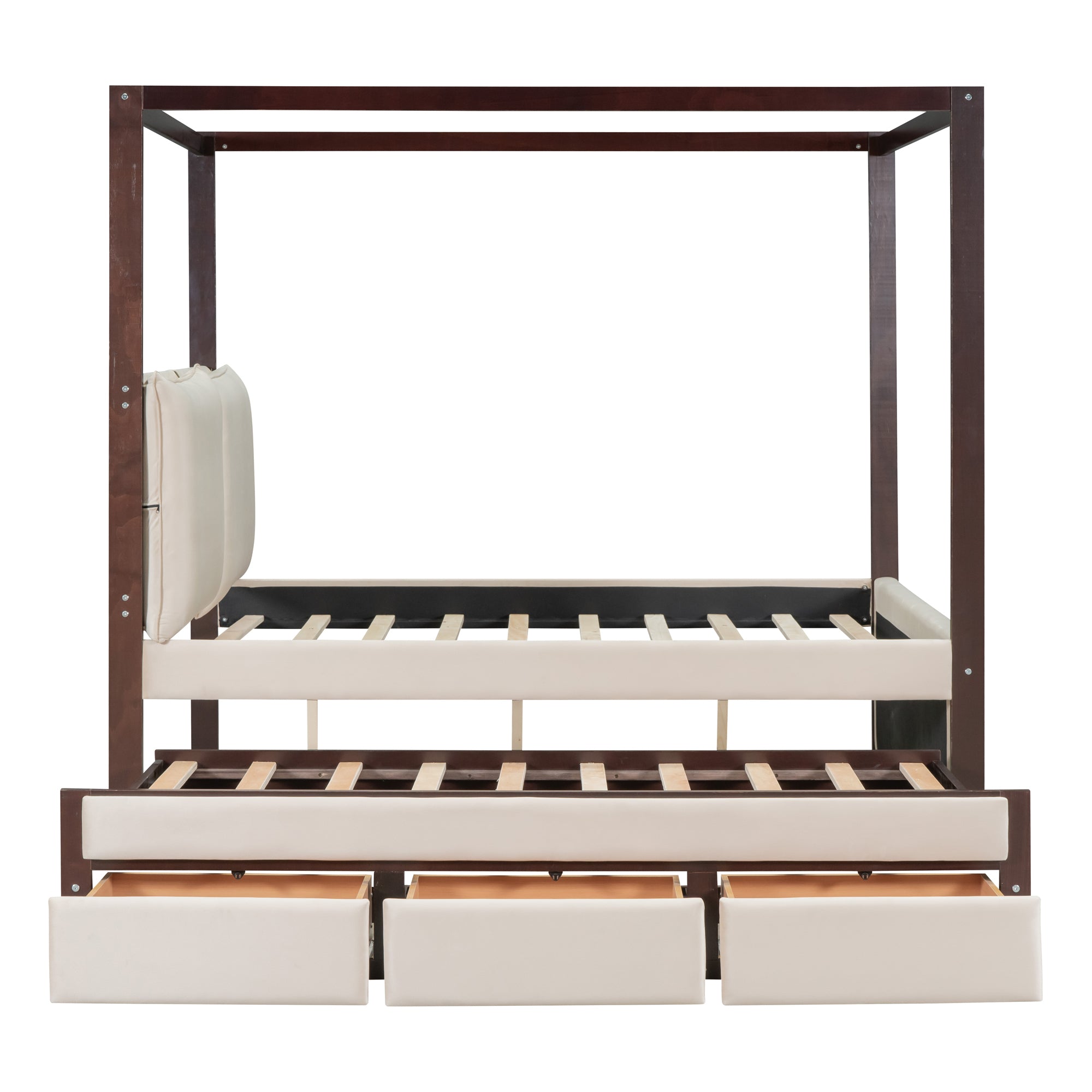 Full Size Upholstered  Canopy Bed with Trundle and 3 Drawers - Beige