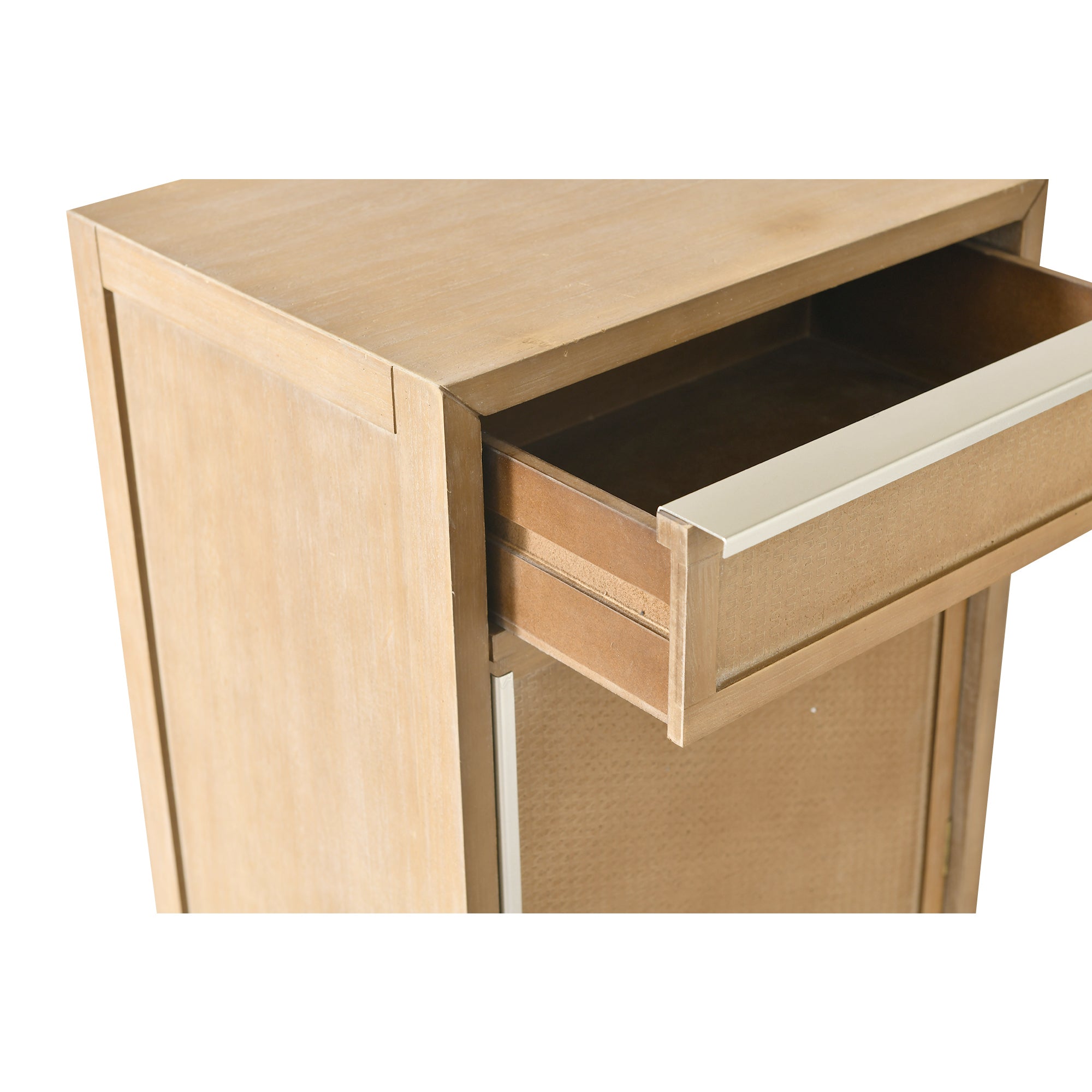 Handwoven End Table with Drawer, Cabinet, and Artisanal Wood Finish - No Assembly Required
