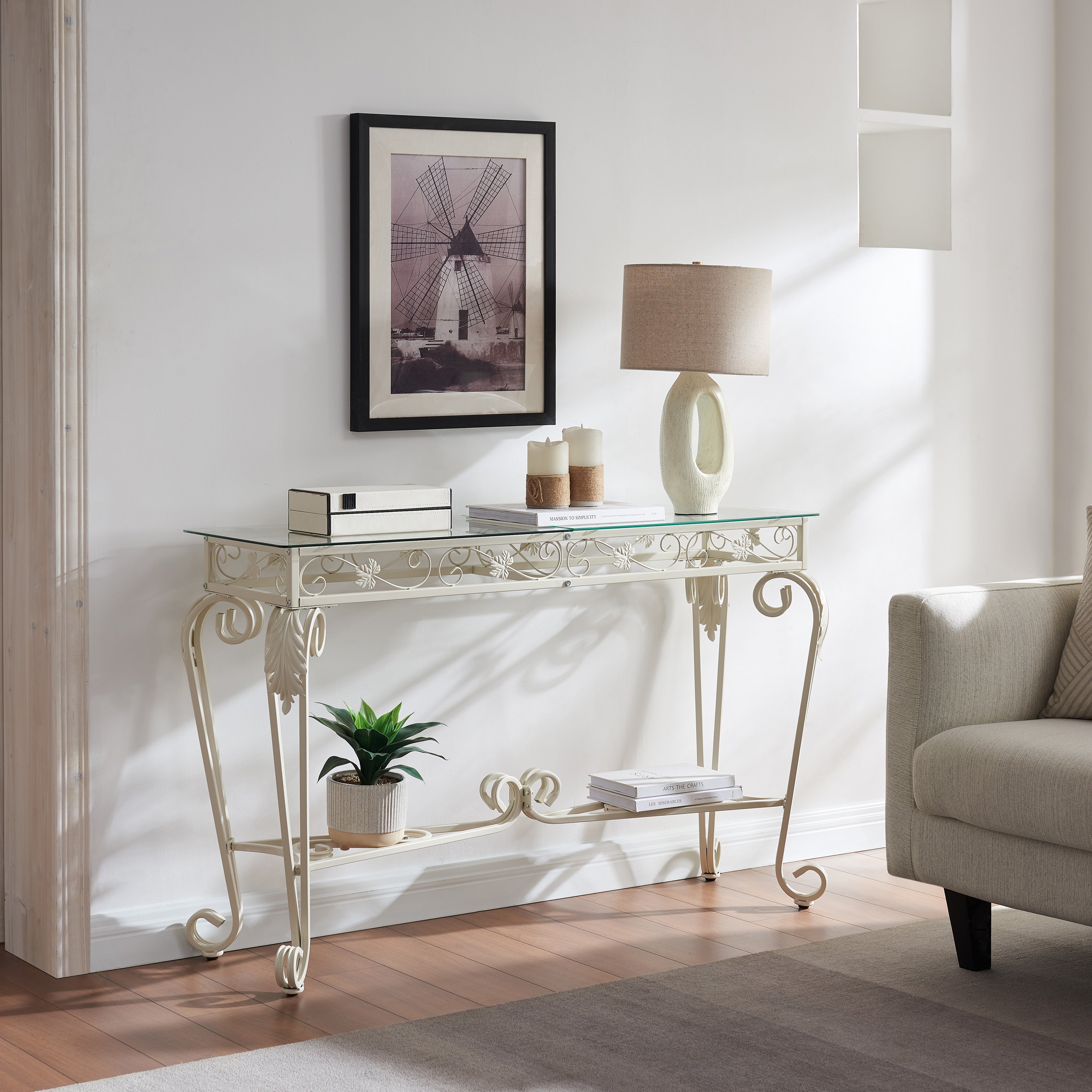Modern Style Fancy Glass and Metal Table for Entrance, Console Tables for Entryway - White