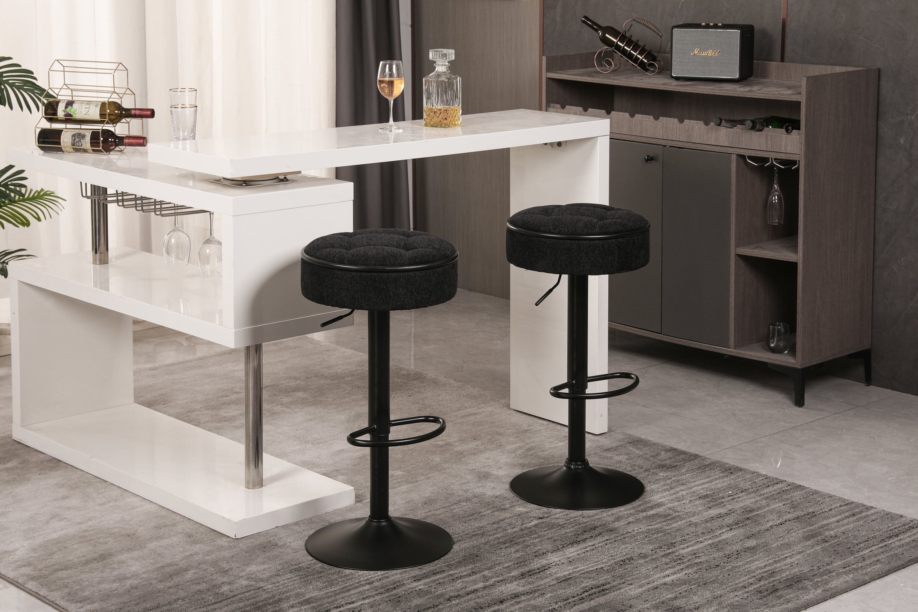Set of 2 Round Storage Bar Stool Black Linen Height Adjustable Barstool, 360°Counter Height Swivel