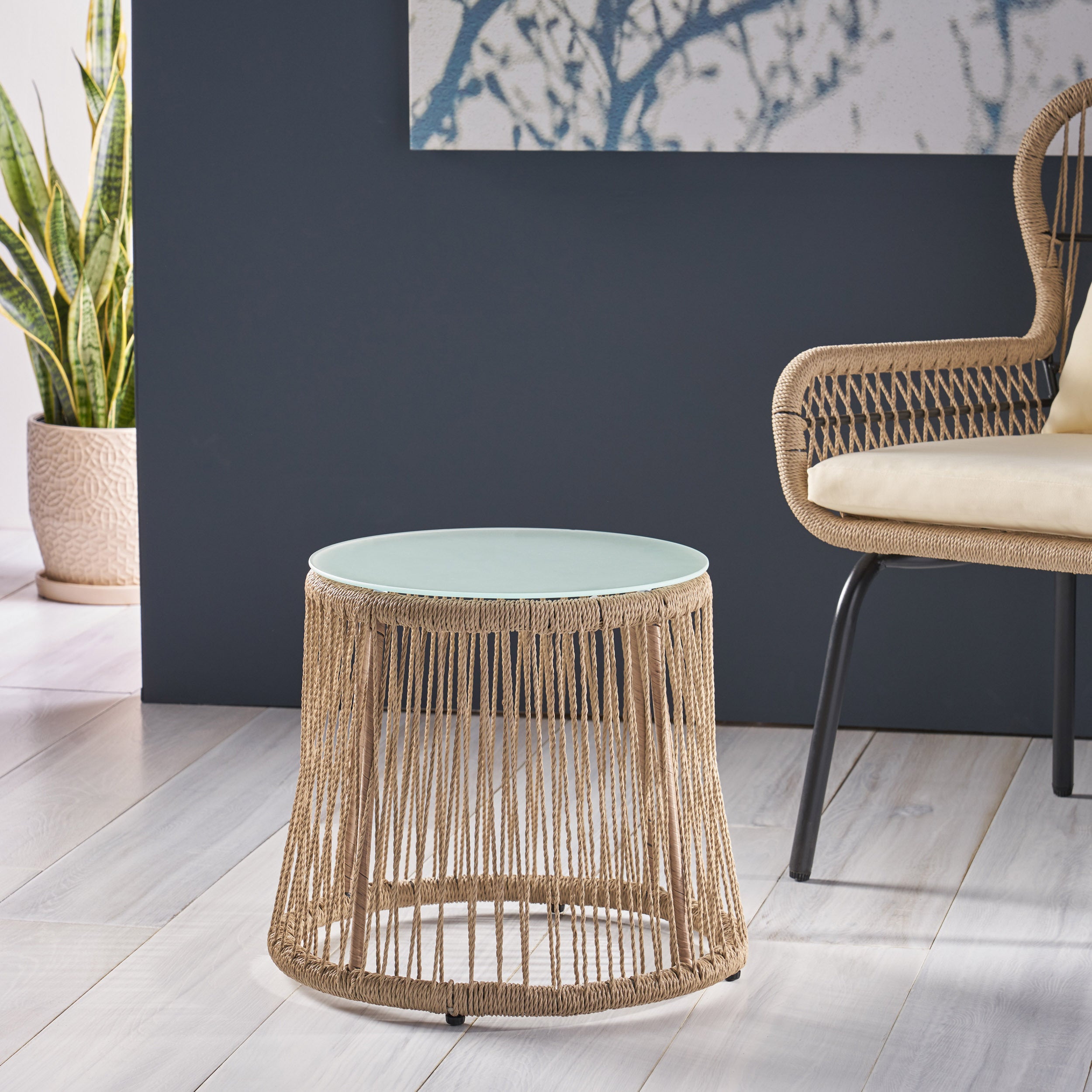 Boho Woven Rope Side Table - Brown