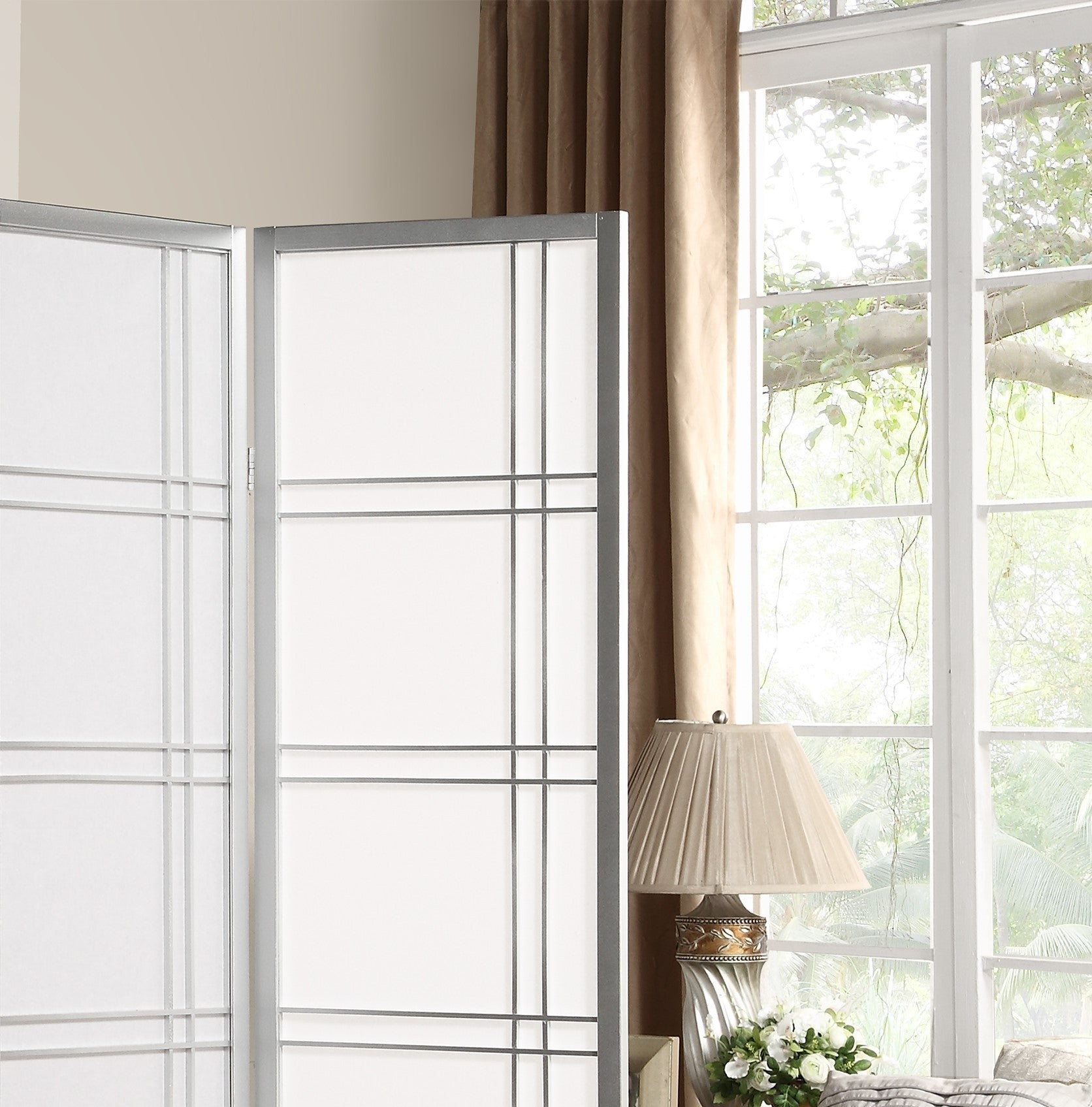4-Panel Room Divider Screen, Silver Wood+Paper