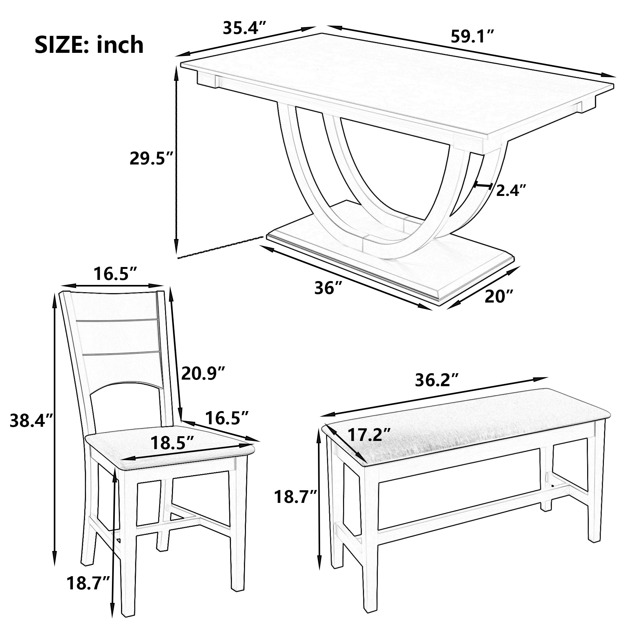 Modern Style 6-Piece Wood Half Round Dining Table Set with Long Bench and 4 Dining Chairs - Natural